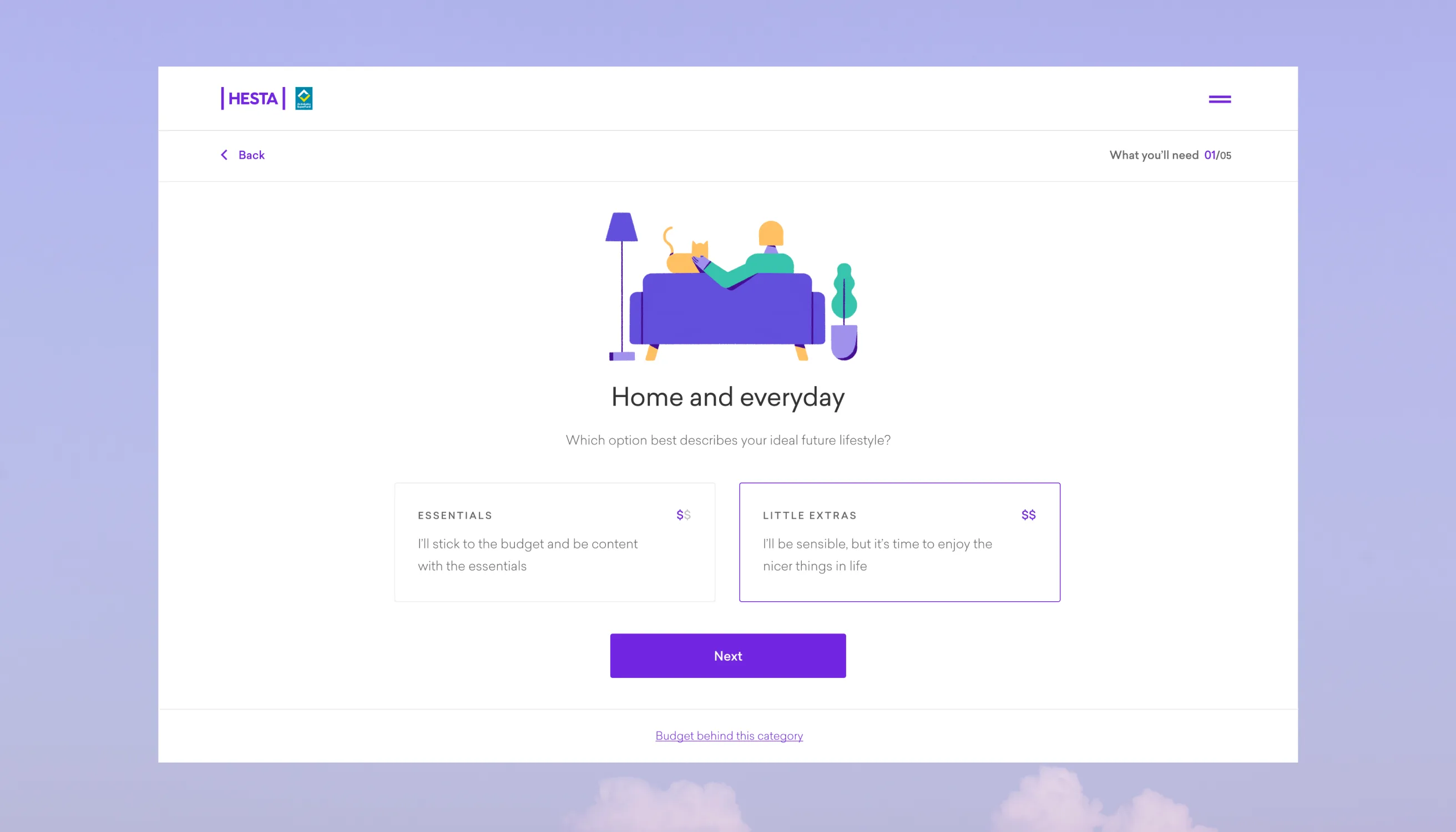 A digital illustration of a person and a cat sitting on a bed is displayed above the text Home and everyday. Two options, Essentials and Little Extras, are selectable, with a purple Next button below.