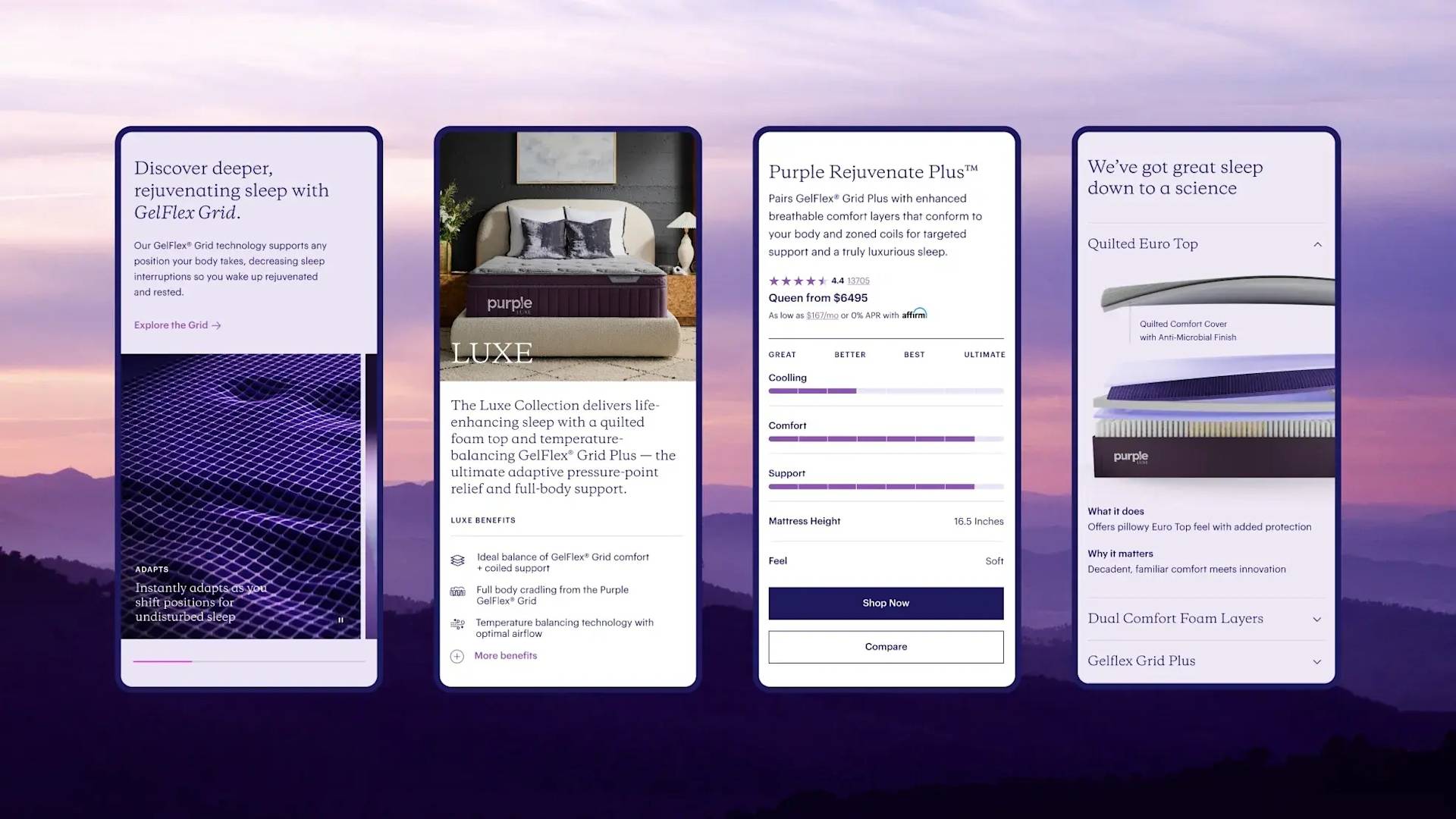 Four mobile screens display a mattress shopping app, featuring GelFlex Grid technology, product details, customer reviews, and options to buy or compare mattresses against a purple landscape background.