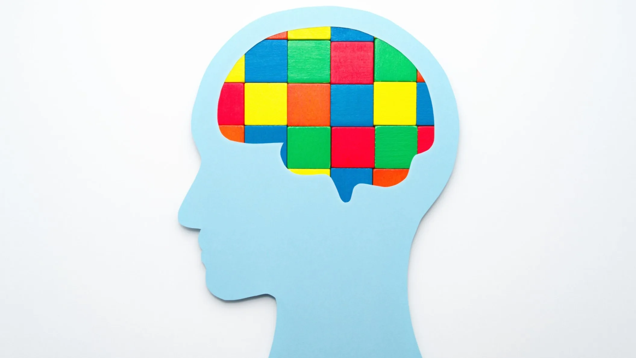 A blue silhouette of a human head with a brain shape filled with colorful interlocking wooden blocks, resembling a puzzle, on a white background.