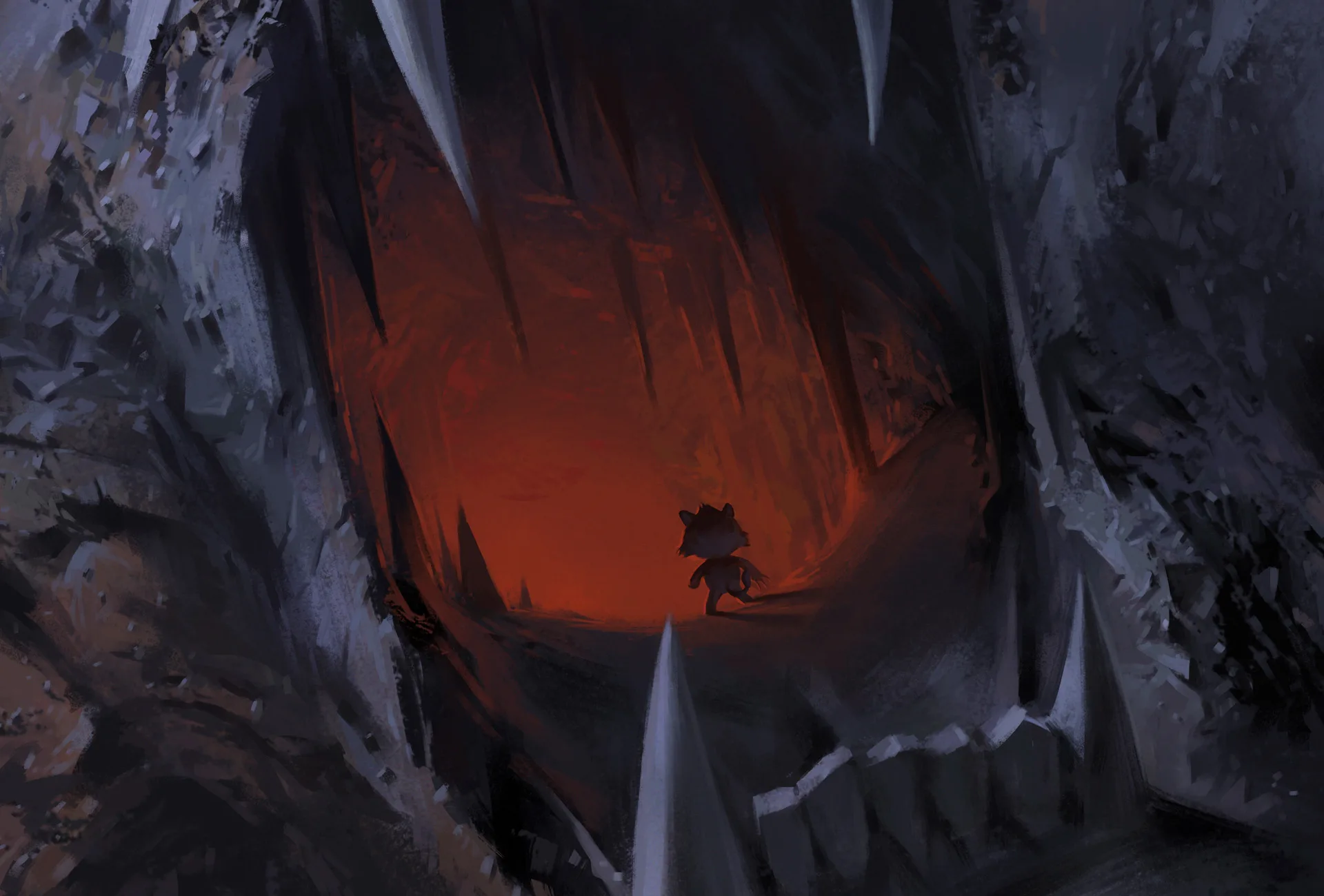 A small silhouetted figure stands at the entrance of a dark, jagged cave illuminated by a reddish glow, surrounded by sharp teeth-like rocks, evoking the feeling of entering a creatures mouth.
