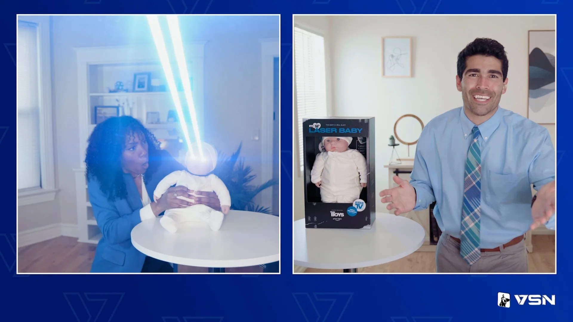 A woman reacts as blue laser beams shoot from a baby doll’s eyes on a table. Next to her, a man in a blue shirt and tie presents the same doll in packaging labeled Laser Baby, on a blue screen background.