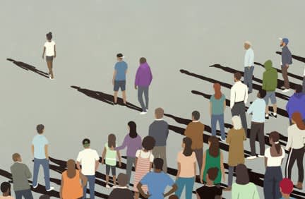 An illustration shows a diverse group of people standing together in the foreground, watching a single person walk away alone across an empty, gray space. Long shadows stretch behind both the group and the individual.