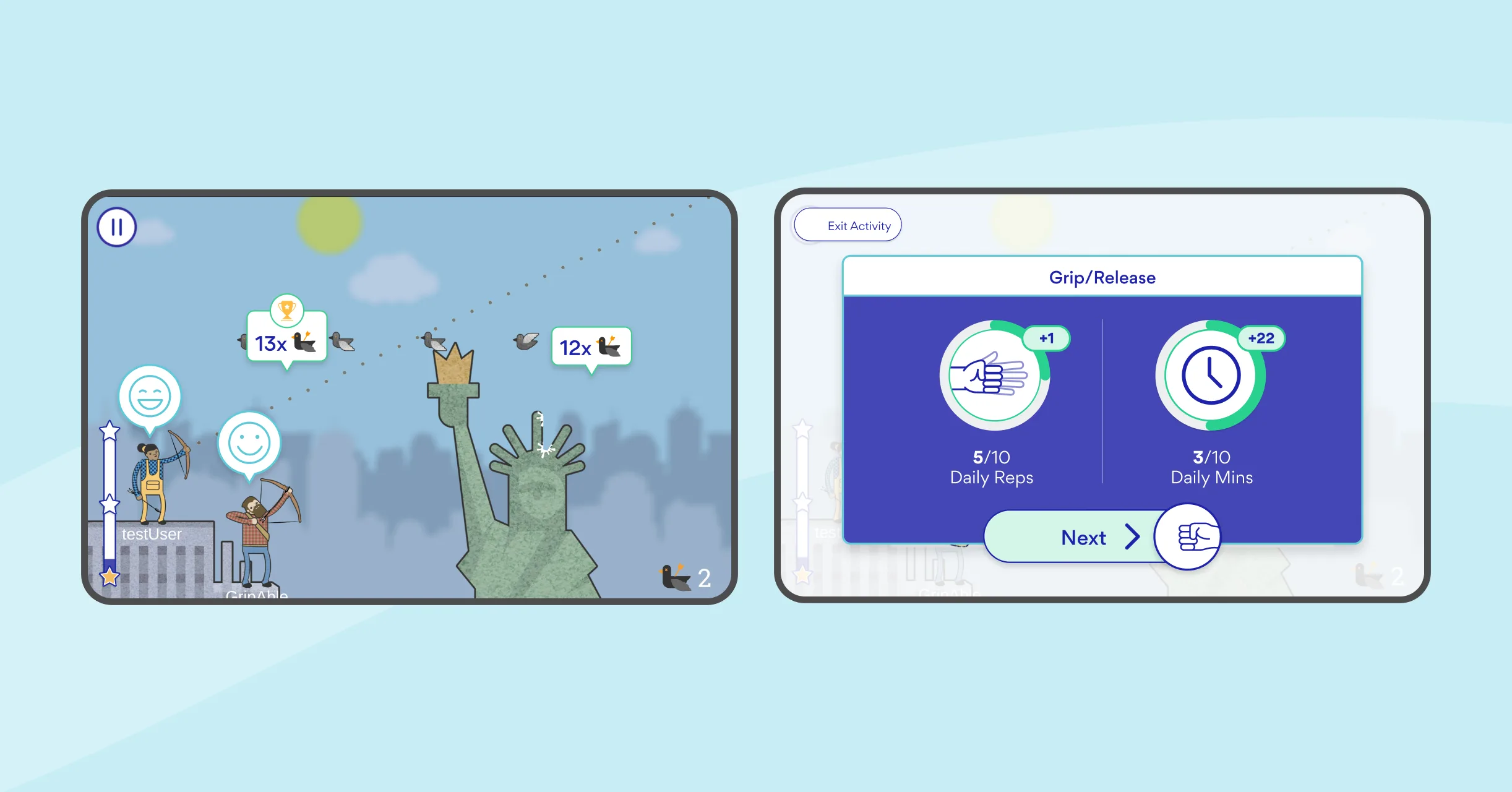 A split screen shows a cartoon game with a monkey climbing the Statue of Liberty on the left, and a progress tracker for grip/release exercise activity on the right, displaying daily reps and minutes.