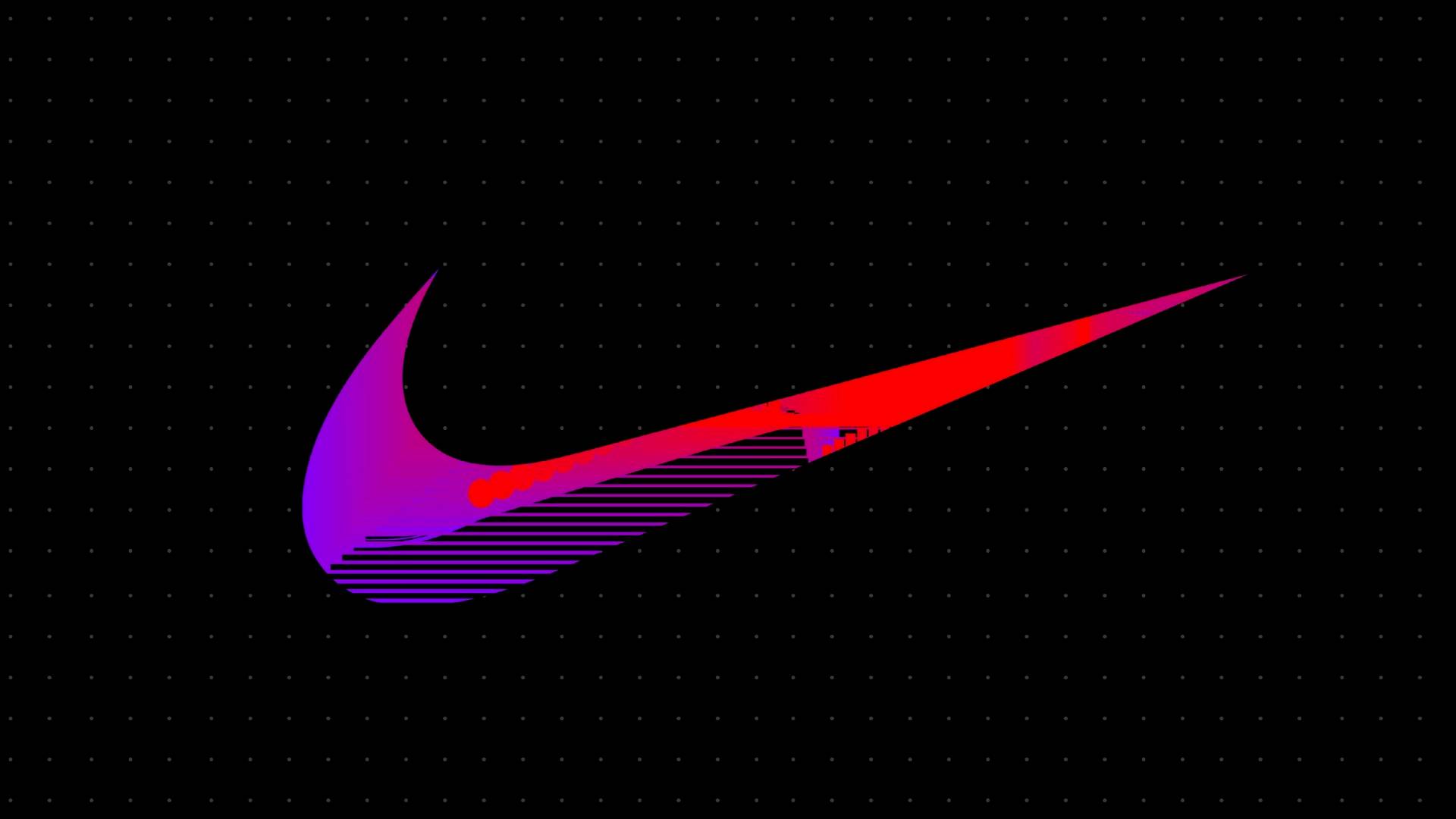 A stylized Nike swoosh logo with a gradient from purple to red, featuring horizontal lines on the left side, set against a black background with subtle dotted grid lines.