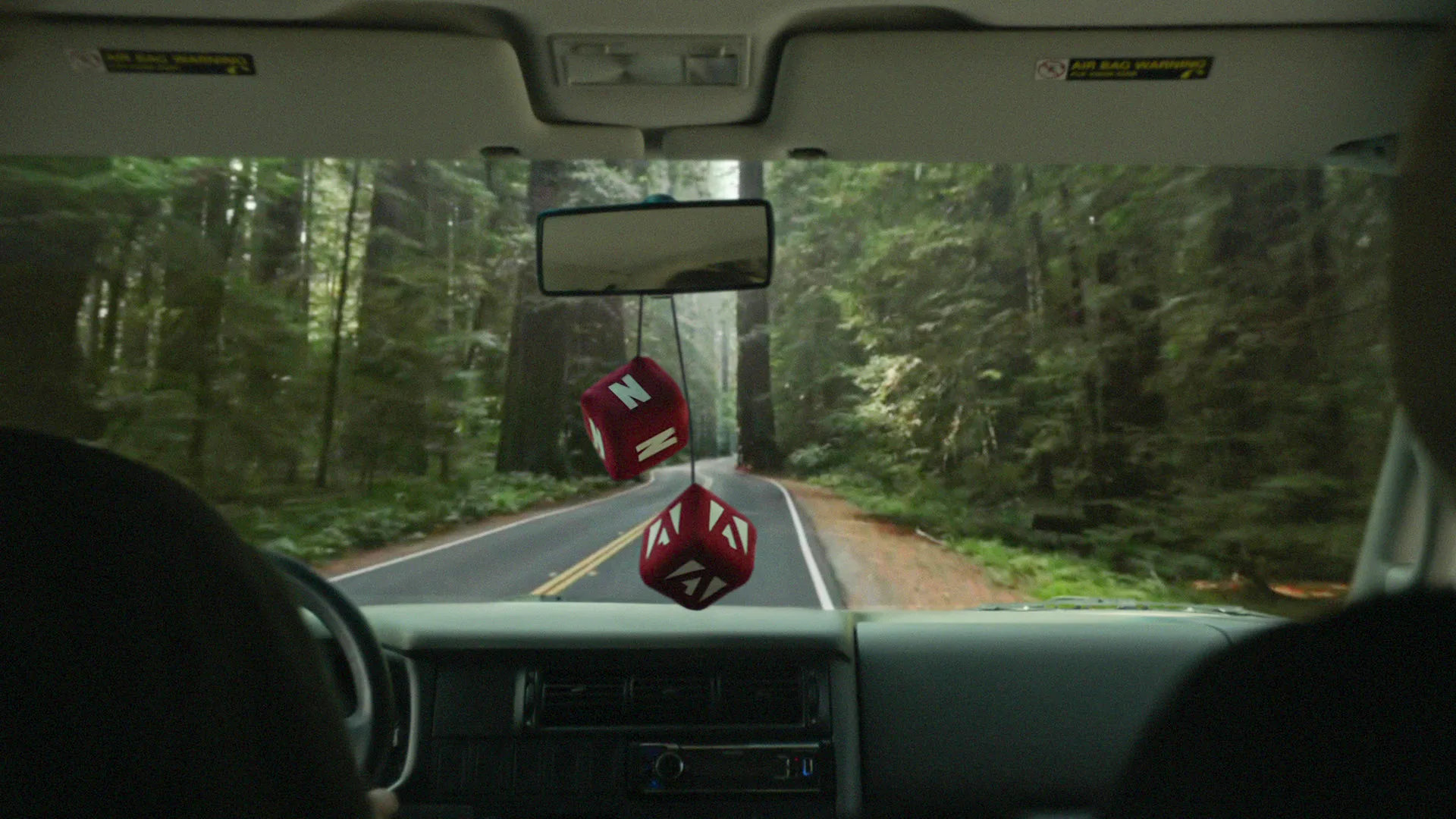 View from inside a vehicle driving down a winding road through a dense forest, with plush red dice hanging from the rearview mirror. Tall trees line both sides of the road, creating a lush, green canopy.