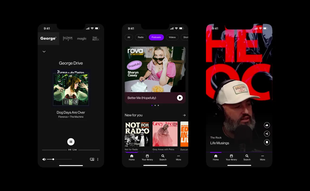 Three smartphone screens show different music and podcast apps: the first displays a music player with Dog Days Are Over by Florence + The Machine; the second shows a podcast episode by Sharyn Casey; the third features The Rock: Life Musings.