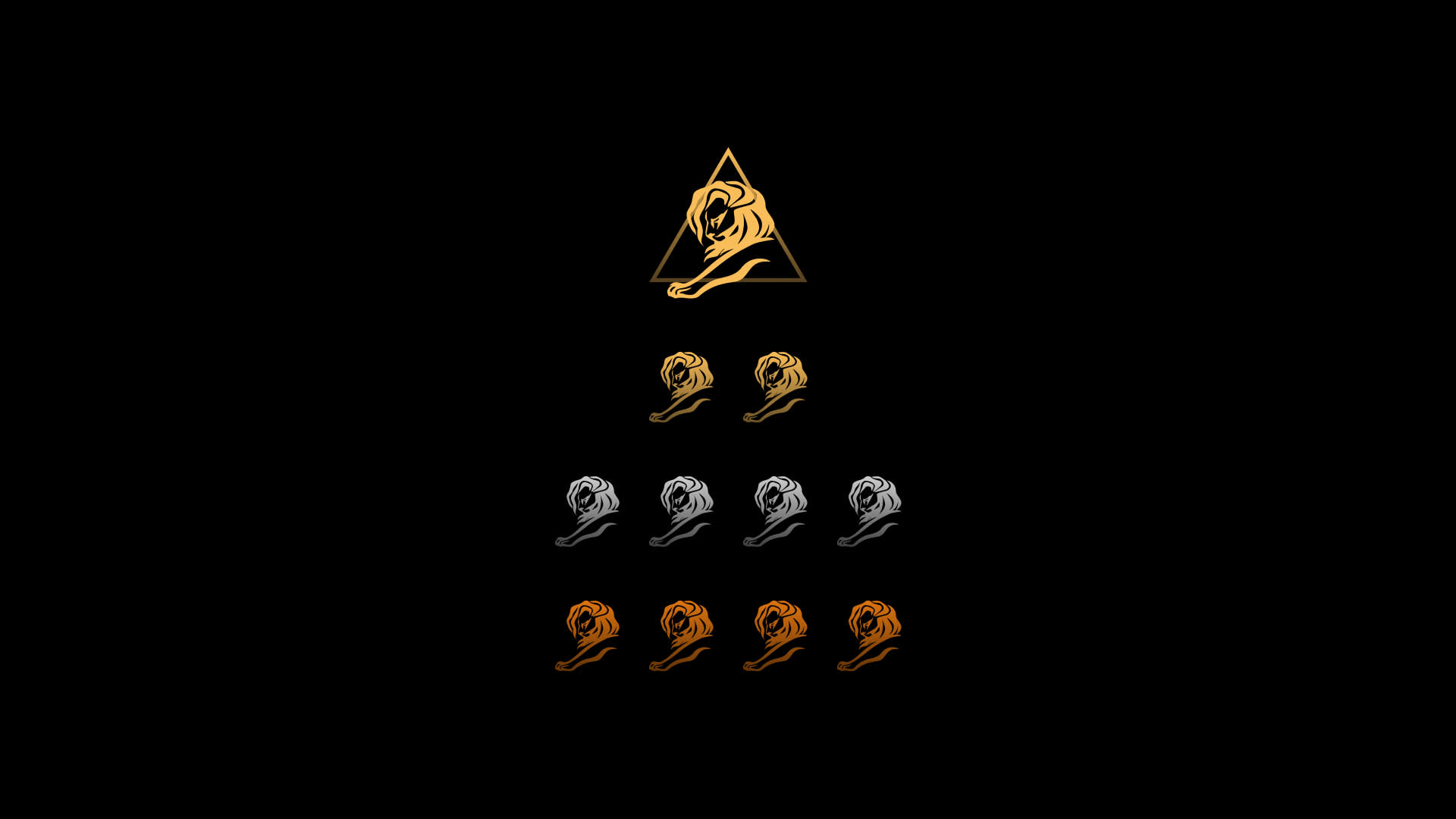 A pyramid of stylized lion head icons on a black background: one gold lion in a triangle at the top, followed by two gold, three silver, and four bronze lions in rows beneath.
