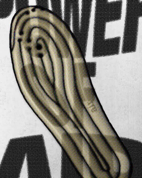A stylized, black-outlined drawing of a churro is centered over a background featuring large, partially visible, bold black text on a white surface.