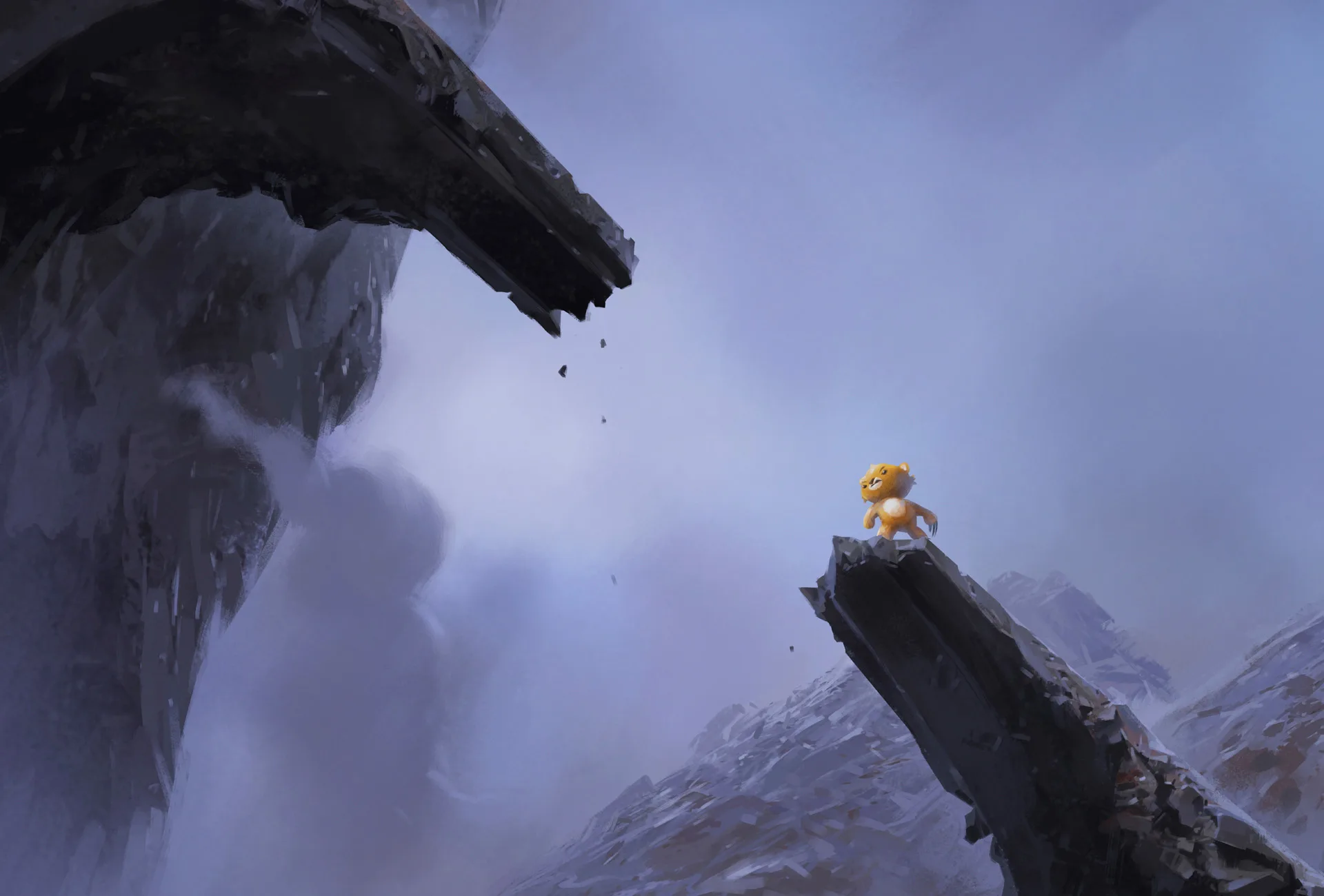 A small, yellow lion stands on the edge of a broken rocky ledge, gazing across a wide gap toward another jagged cliff under a cloudy, misty sky.