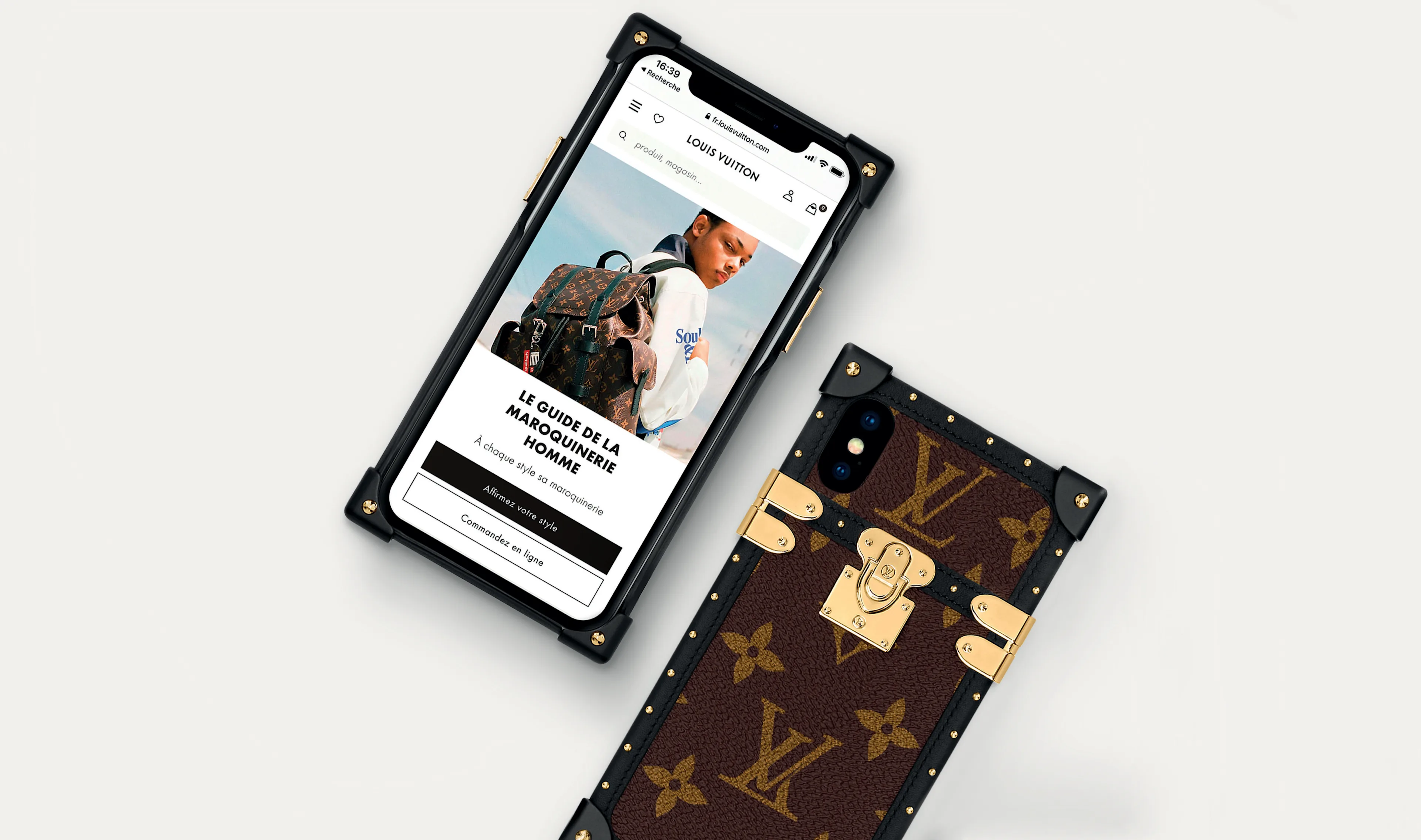 Two smartphones with Louis Vuitton monogram cases; one phone displays a Louis Vuitton website featuring a man with a backpack, while the other phone shows the back of the case with gold accents and the LV logo.
