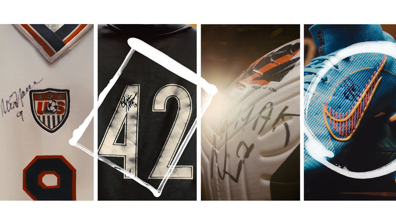 A collage of four signed sports items: a USA soccer jersey, a black jersey with the number 42, a white basketball, and a blue Nike sneaker, each featuring an autograph.