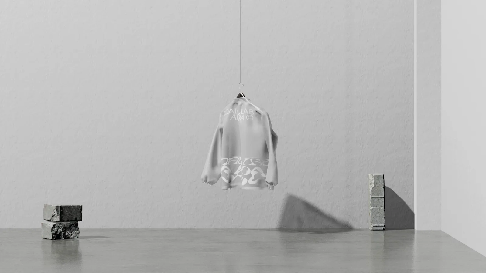 A translucent jacket hangs suspended by a wire in a minimalist room with a smooth concrete floor, three small stacked bricks, and a shadow cast on a plain light gray wall.