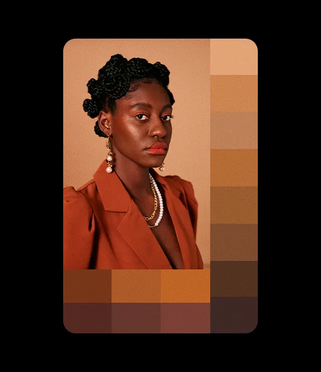 A woman with braided hair, wearing a rust-colored blazer and gold jewelry, poses against a brown backdrop. A palette of various brown and tan shades appears to the right and below her portrait.