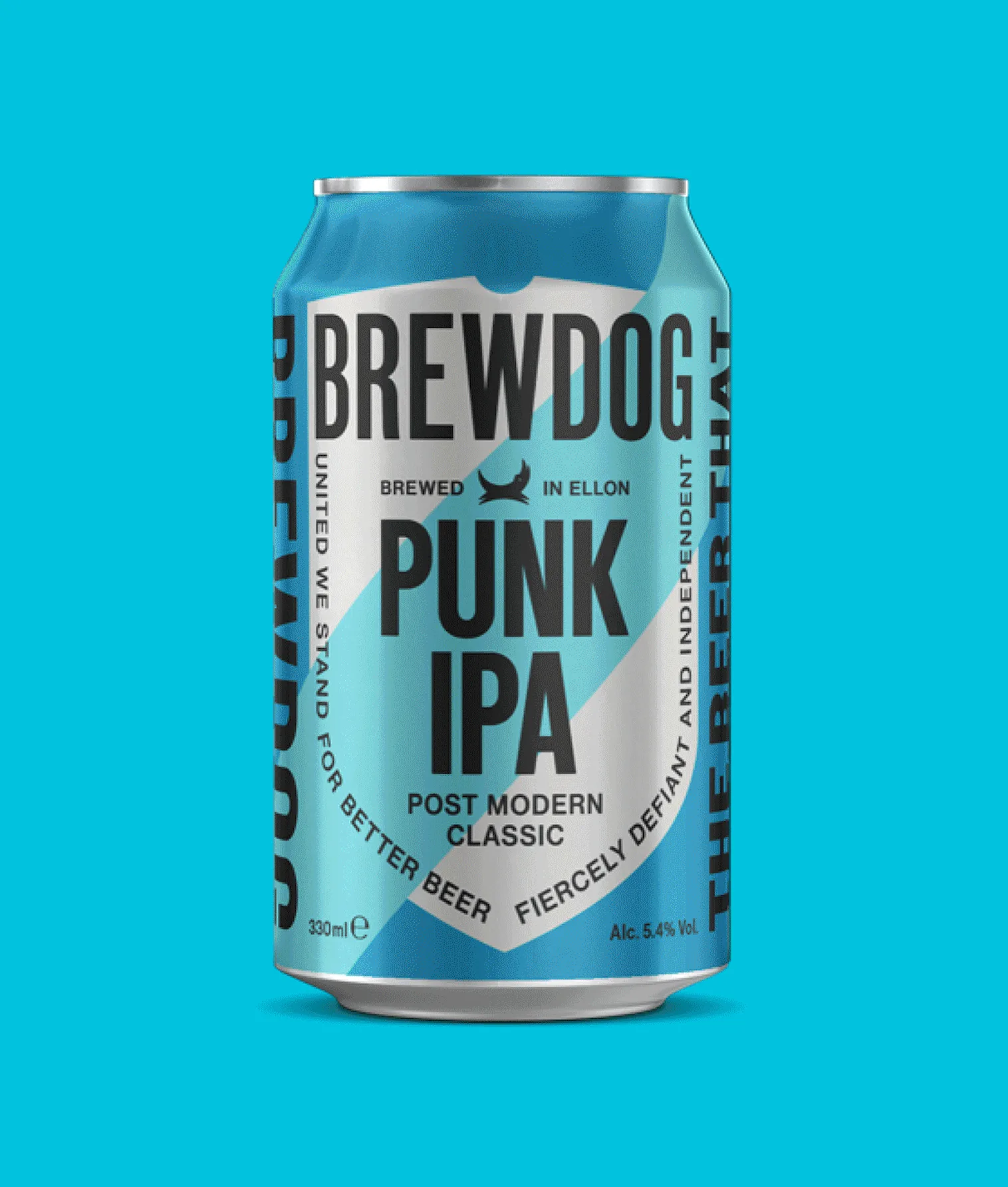 A can of BrewDog Punk IPA beer on a bright blue background. The label features bold black and teal text with phrases like Post Modern Classic and Fiercely Defiant and Independent. The can holds 330ml and is 5.4% alcohol.