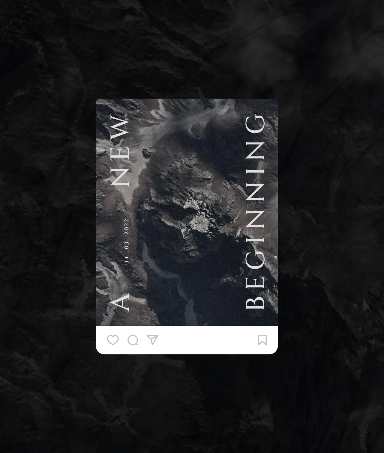 A dark, abstract Instagram post with an aerial view of rugged mountains. The text along the card’s sides reads “A NEW BEGINNING” in large capital letters, with a date “05.10.2022” printed vertically on the left.