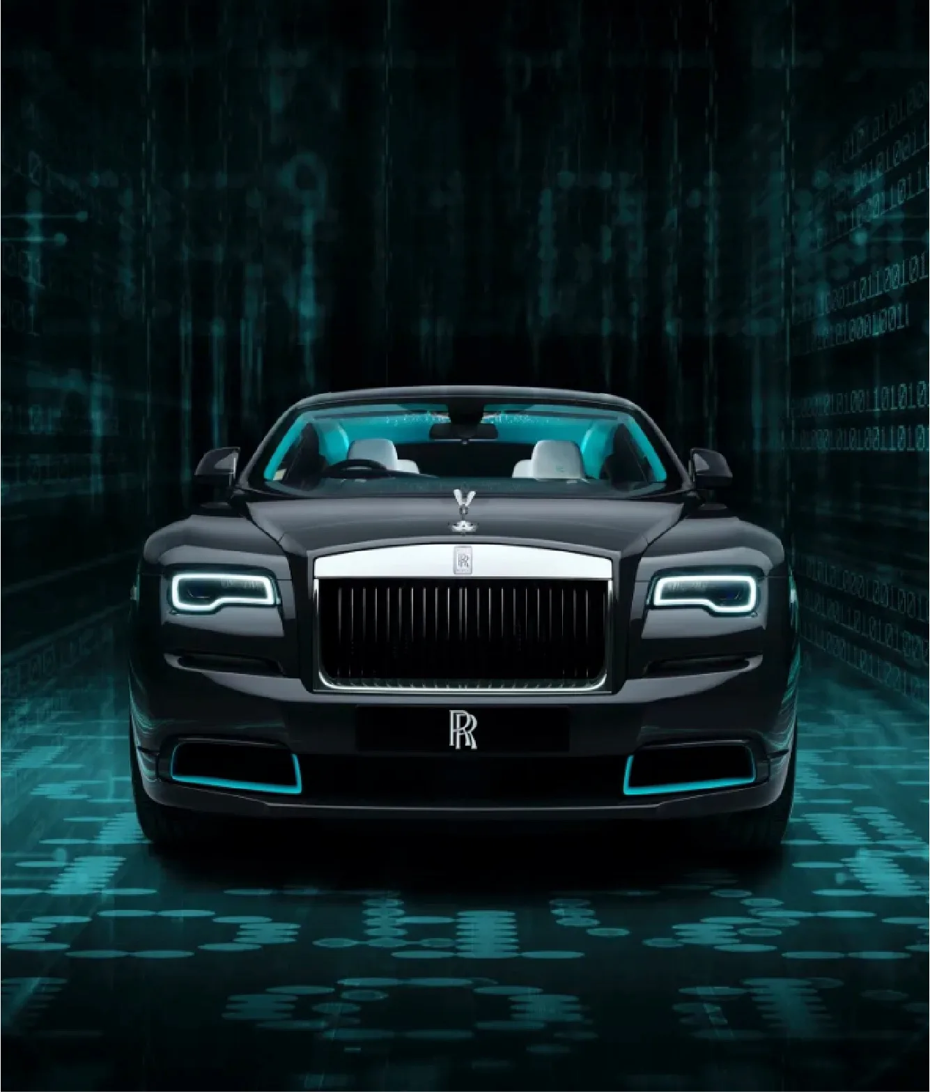 A black Rolls-Royce Wraith Kryptos car sits front on, featuring a silver grill and logo, with a green glow in the interior and reflected underneath. The car sits on a black background with green coding characters. 