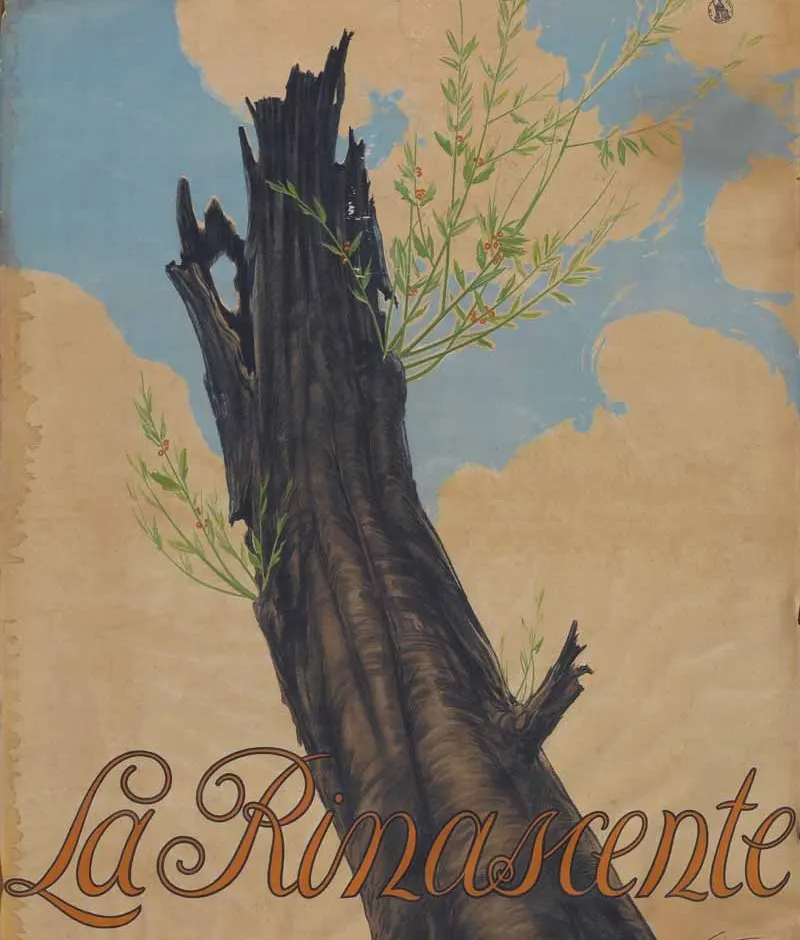A tall, dark tree trunk with new green shoots and leaves stands against a blue sky with clouds. The words La Rinascente are written in large, stylized script at the bottom of the image.