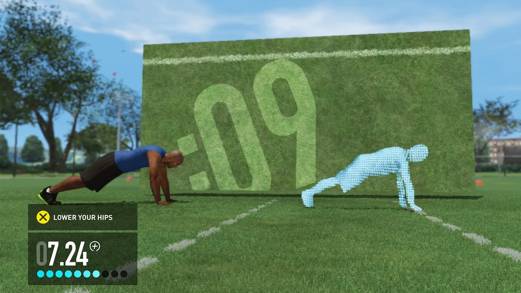 A person in athletic gear does a plank on grass with a digital timer and a holographic figure showing the correct posture. On-screen text reads “Lower Your Hips” and a timer shows 7.24 seconds.