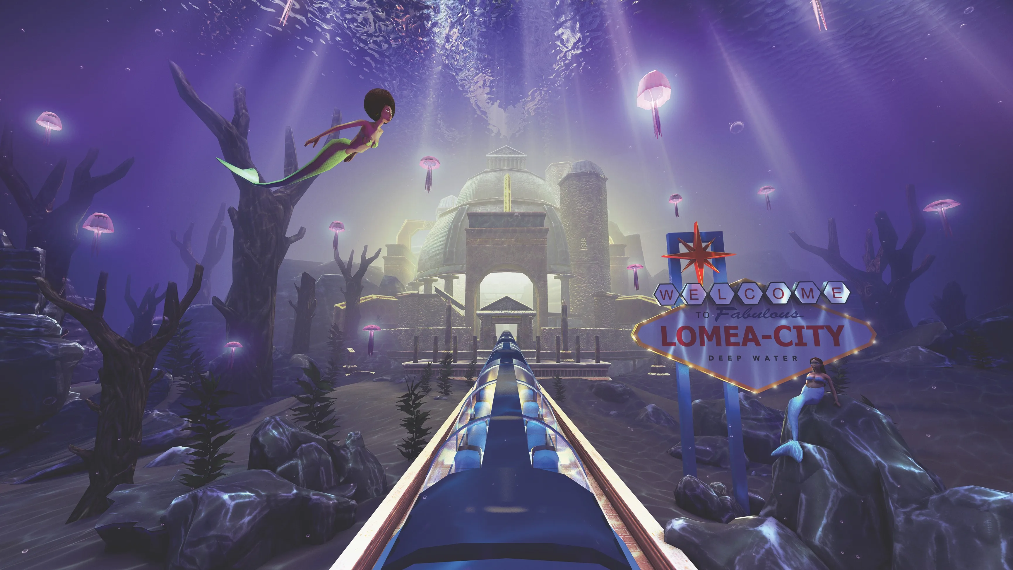 A roller coaster track leads to an underwater city with domed buildings, illuminated by purple light. A mermaid and jellyfish float near a Welcome to Lomea City sign amid coral and sea plants.