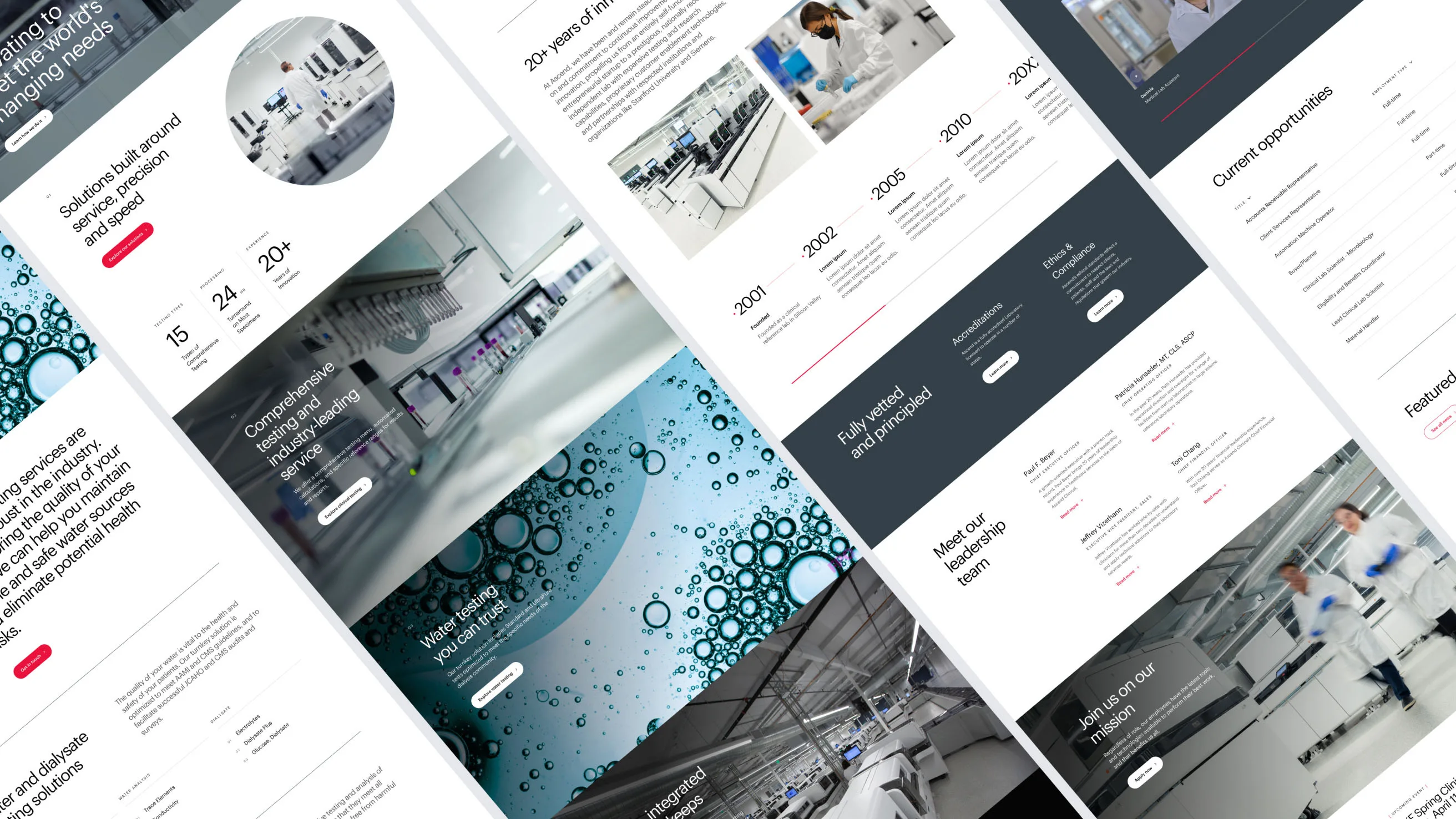 A collage of modern website pages featuring laboratory images, scientific staff, timelines, statistics, and sections on services, opportunities, and company history, all with a professional, clean design and clear, readable text.