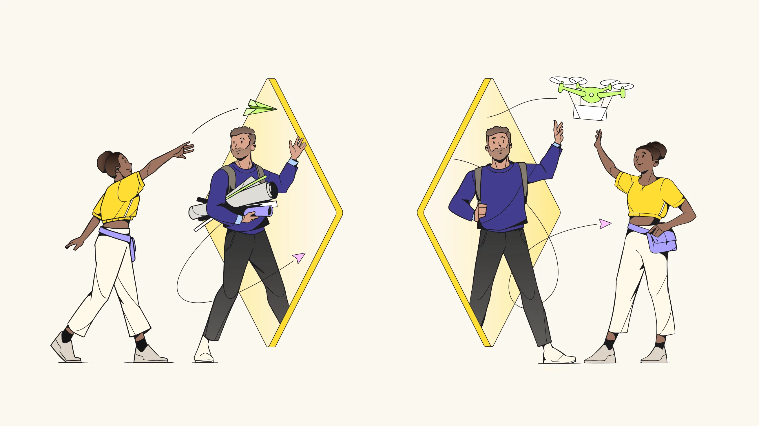 Two people stand on opposite sides of a yellow portal; a woman throws a paper airplane through, while a man catches it and sends a drone back. Both appear to be students, holding books and backpacks.