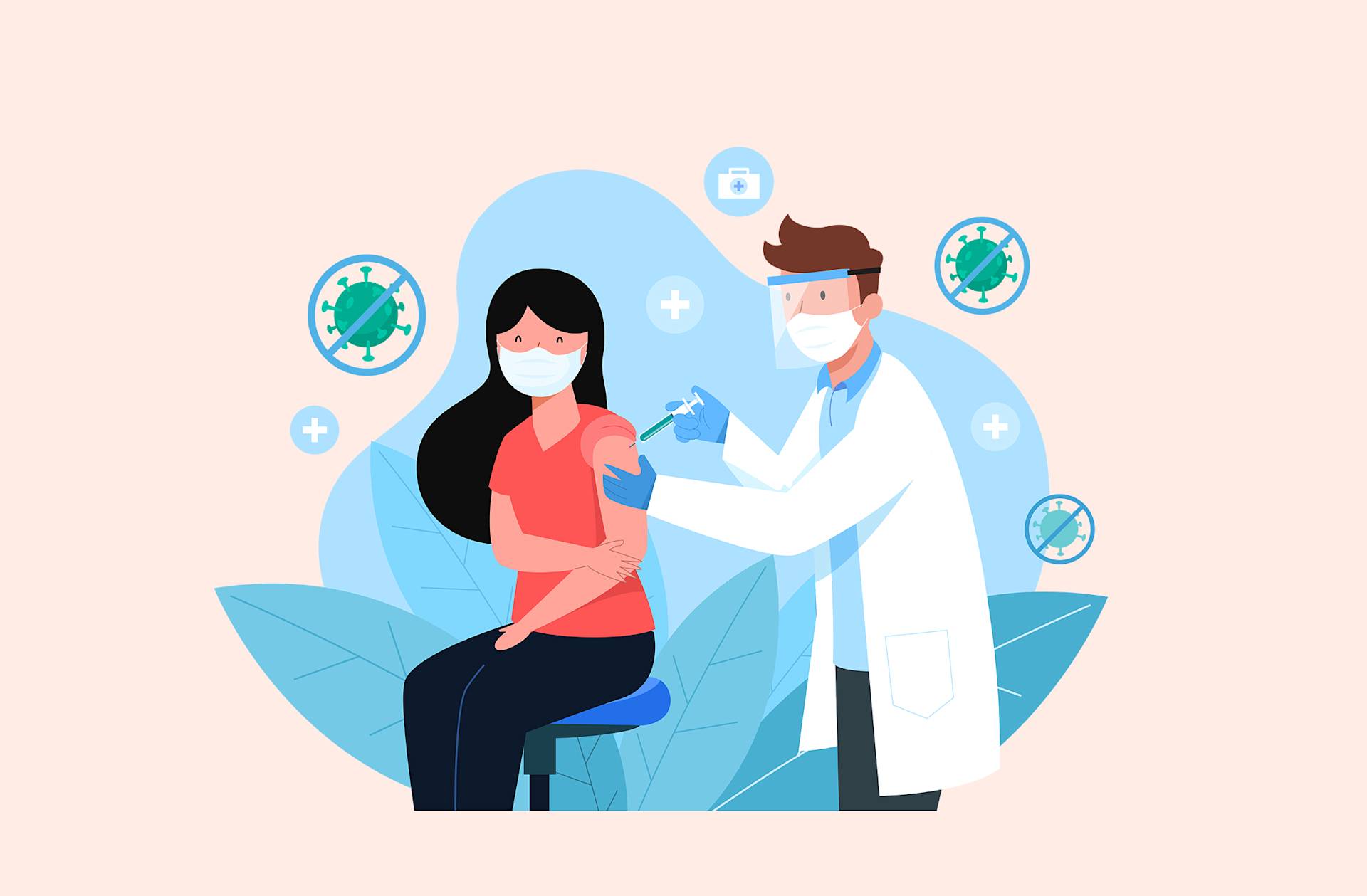 A doctor wearing a mask and protective face shield administers a vaccine to a seated woman in a mask. Virus and medical icons appear in the background, emphasizing health and vaccination.