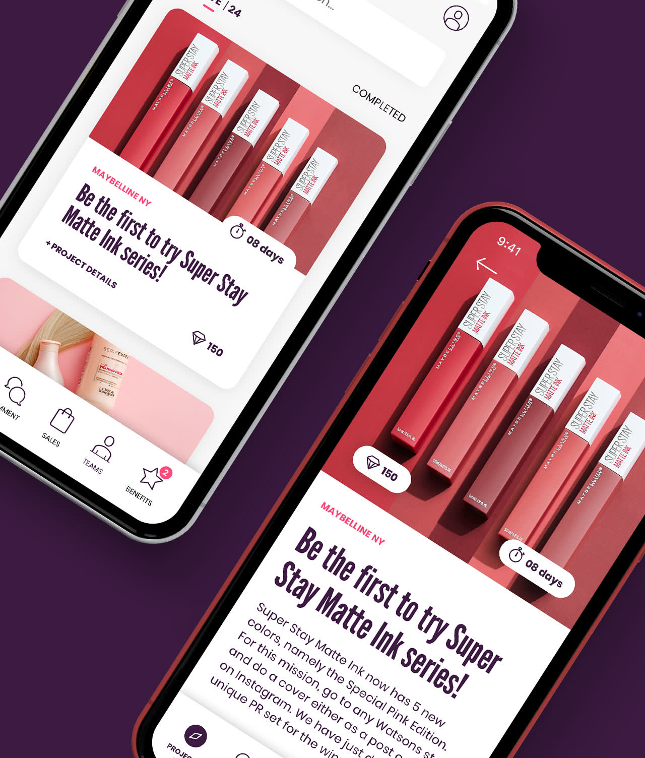 Two smartphones display a beauty app featuring Maybelline Super Stay Matte Ink liquid lipsticks in various shades, with options to participate in a product trial. The background is a gradient of dark purple.