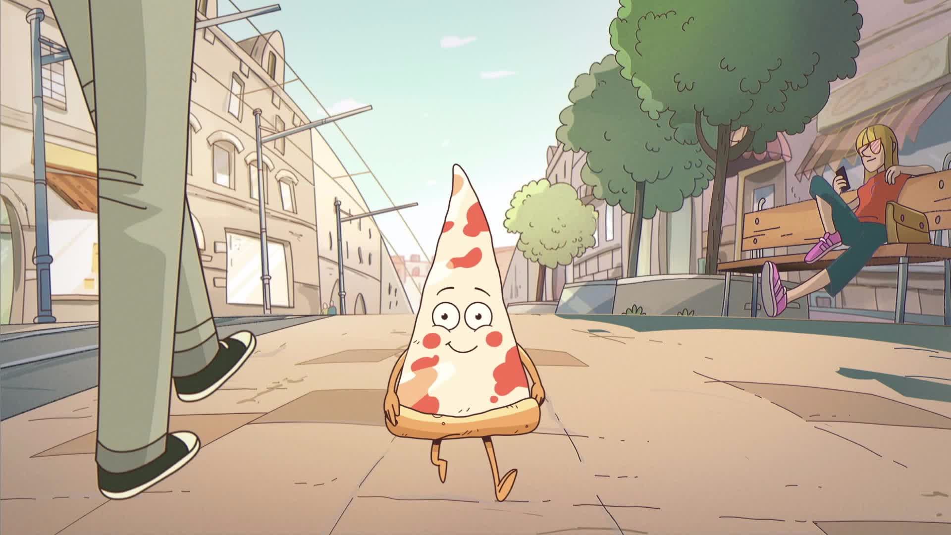 A cartoon slice of pizza with arms and legs walks down a city street. A person sits on a bench using a phone in the background, while another persons legs are visible walking by. Trees and buildings line the street.