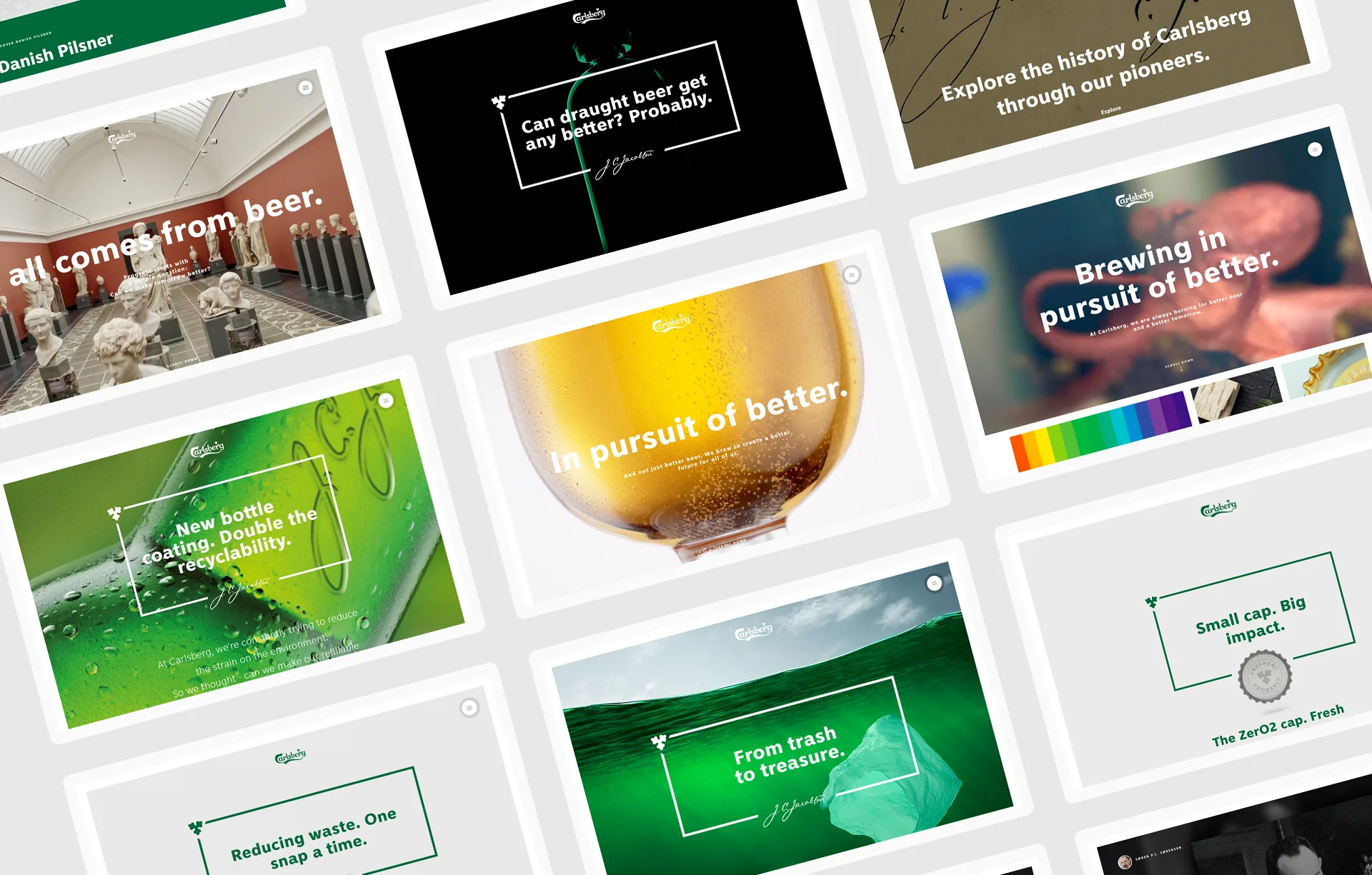 A collage of various Carlsberg beer-themed posters, each featuring different slogans about beer, sustainability, and innovation, with images of beer, bottles, and environmental concepts.