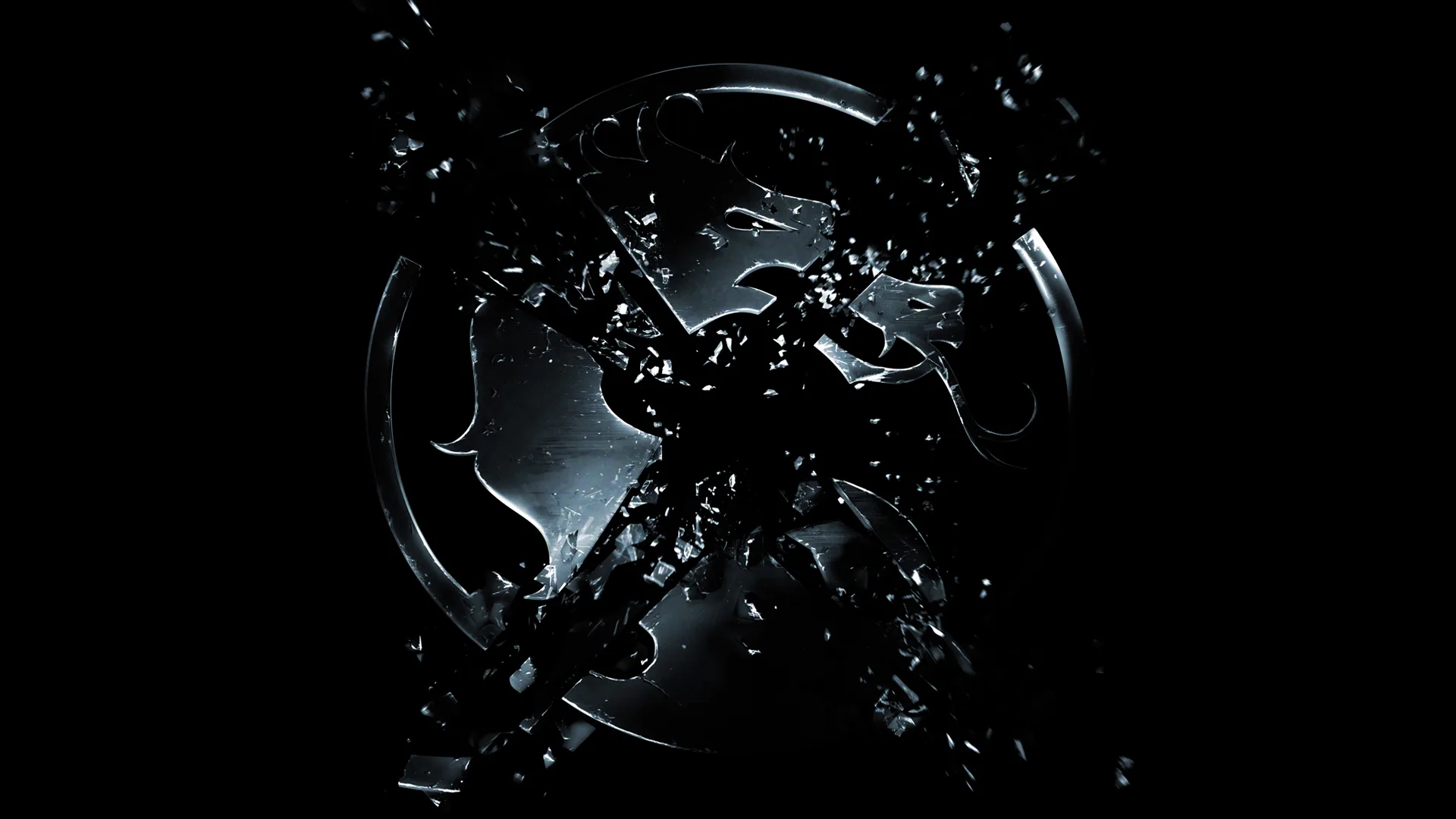 A metallic dragon emblem on a circular black background is being shattered by glass fragments, creating a dramatic, high-contrast effect with flying shards and dark lighting.