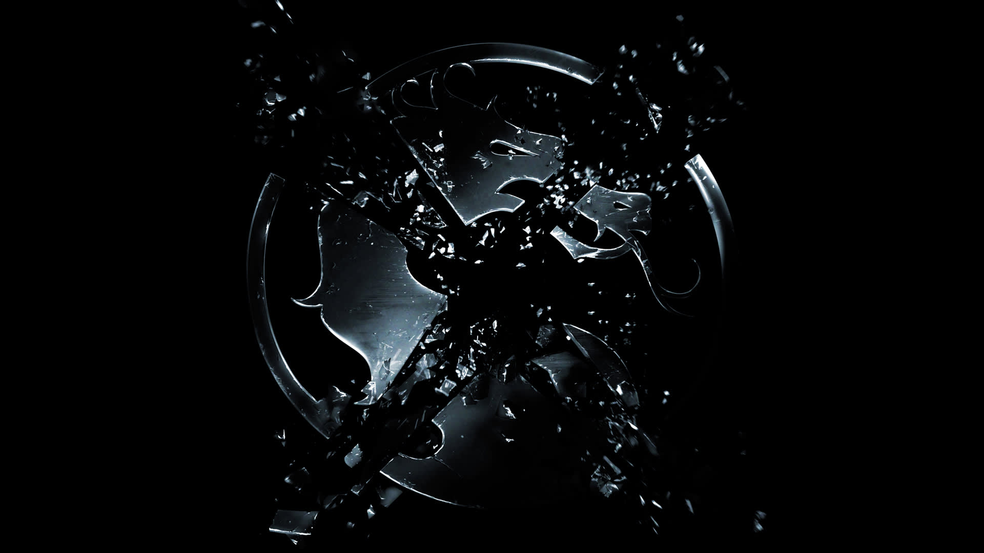 A metallic dragon emblem on a circular black background is being shattered by glass fragments, creating a dramatic, high-contrast effect with flying shards and dark lighting.