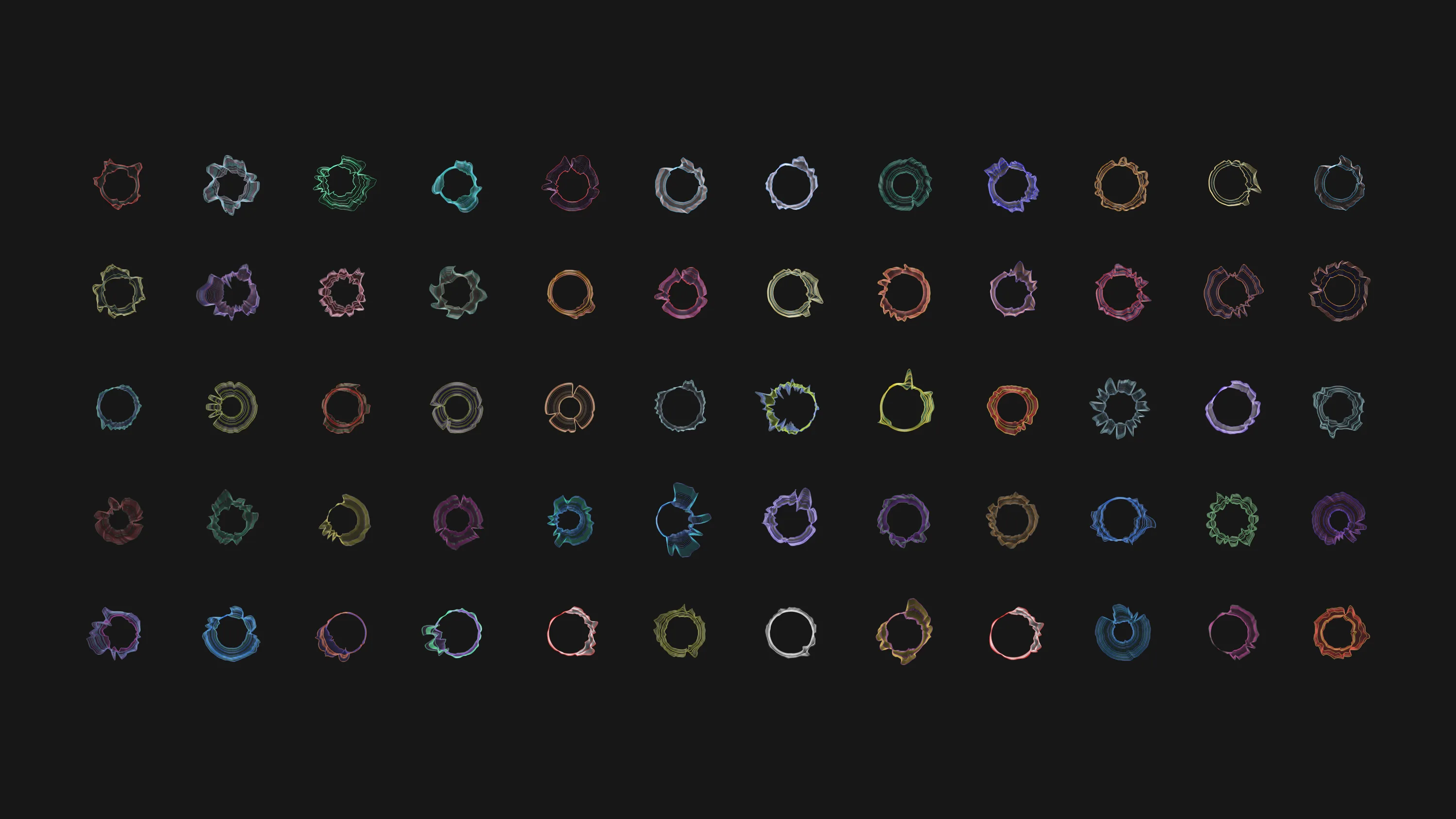 A grid of 60 colorful, abstract circular shapes on a black background, each with unique spiky and wavy patterns that resemble artistic sound waves or organic forms.