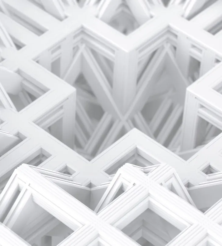 White geometric pattern with interlocking 3D shapes and sharp angles, creating a complex, symmetrical, and layered structure with a sense of depth and abstract design.