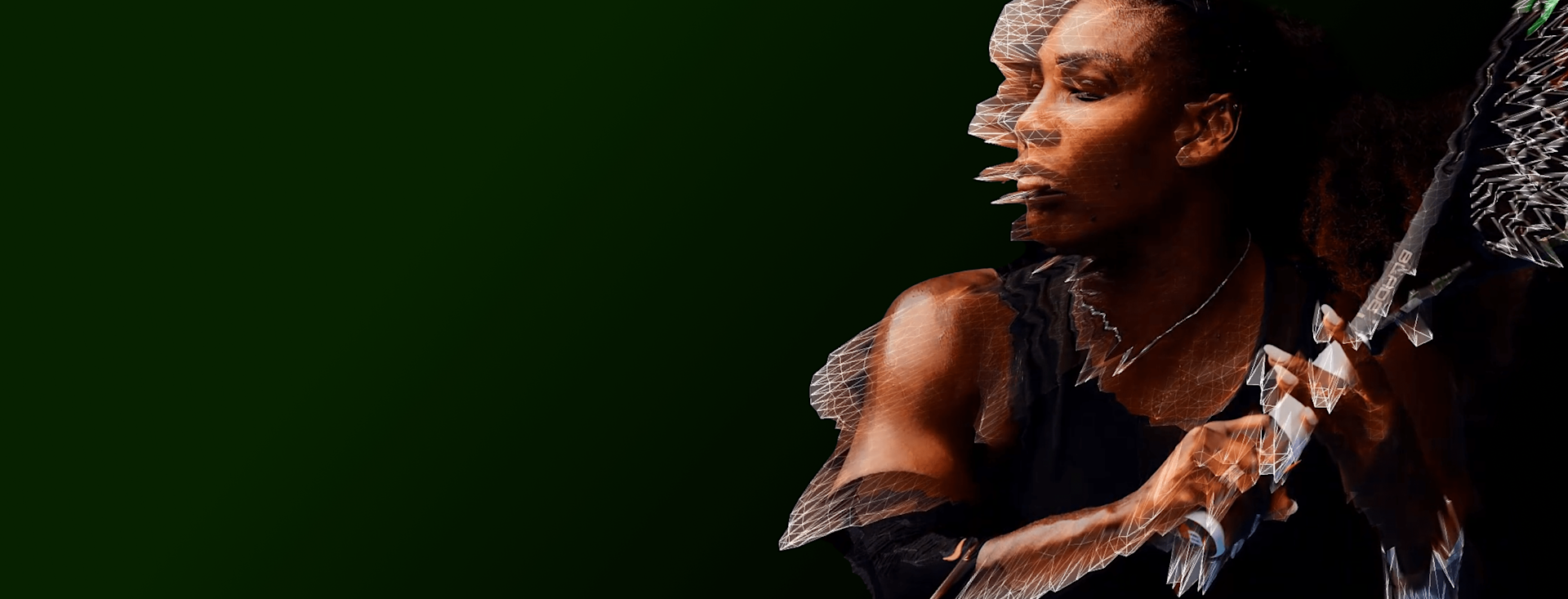 A digital artwork of a tennis player mid-swing, with a distorted, layered effect showing motion, set against a dark green background. The player wears a black outfit and holds a racquet, focused on the ball.