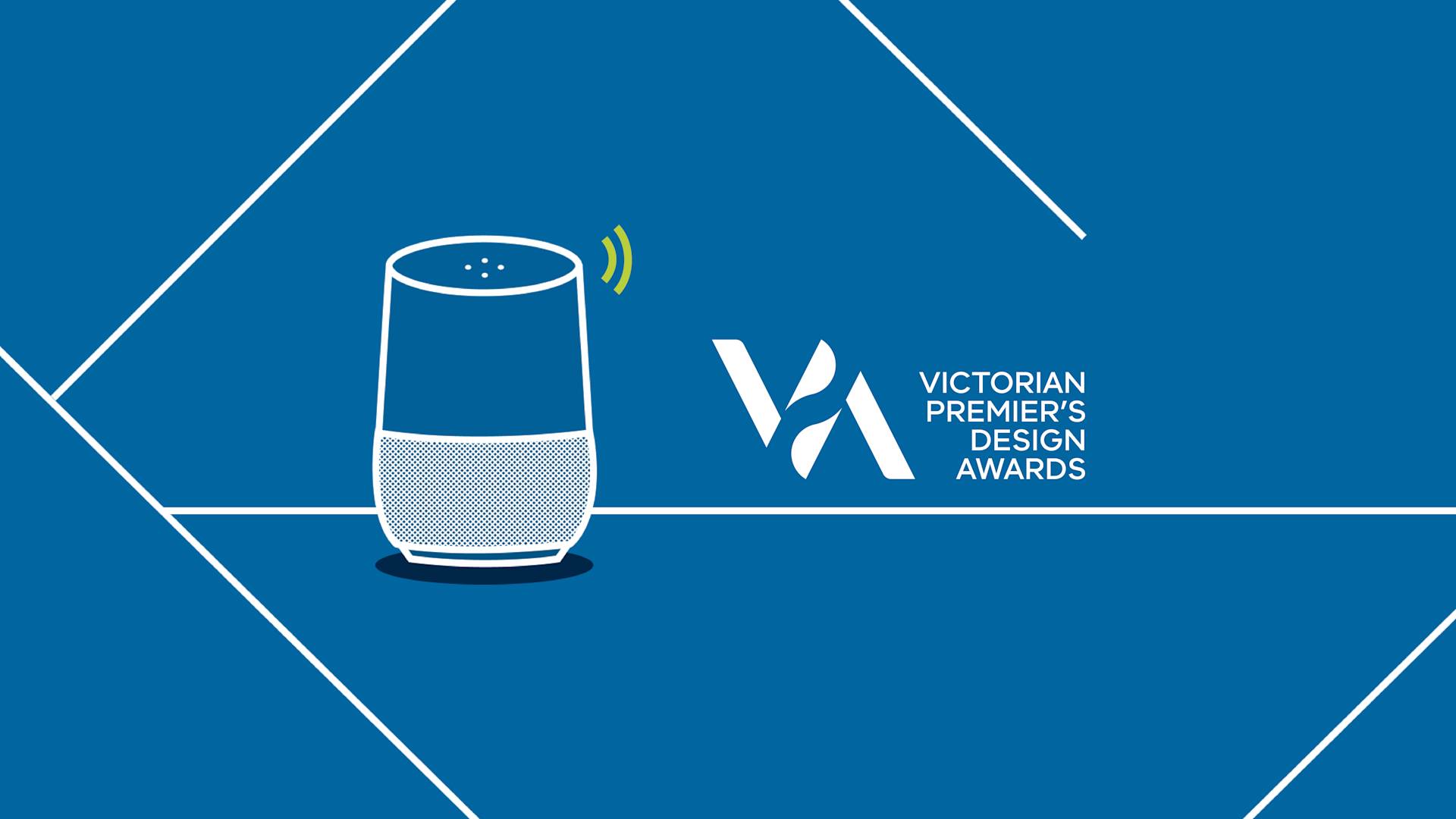 A digital illustration of a smart speaker with sound waves next to the Victorian Premier’s Design Awards logo on a blue background with white geometric lines.