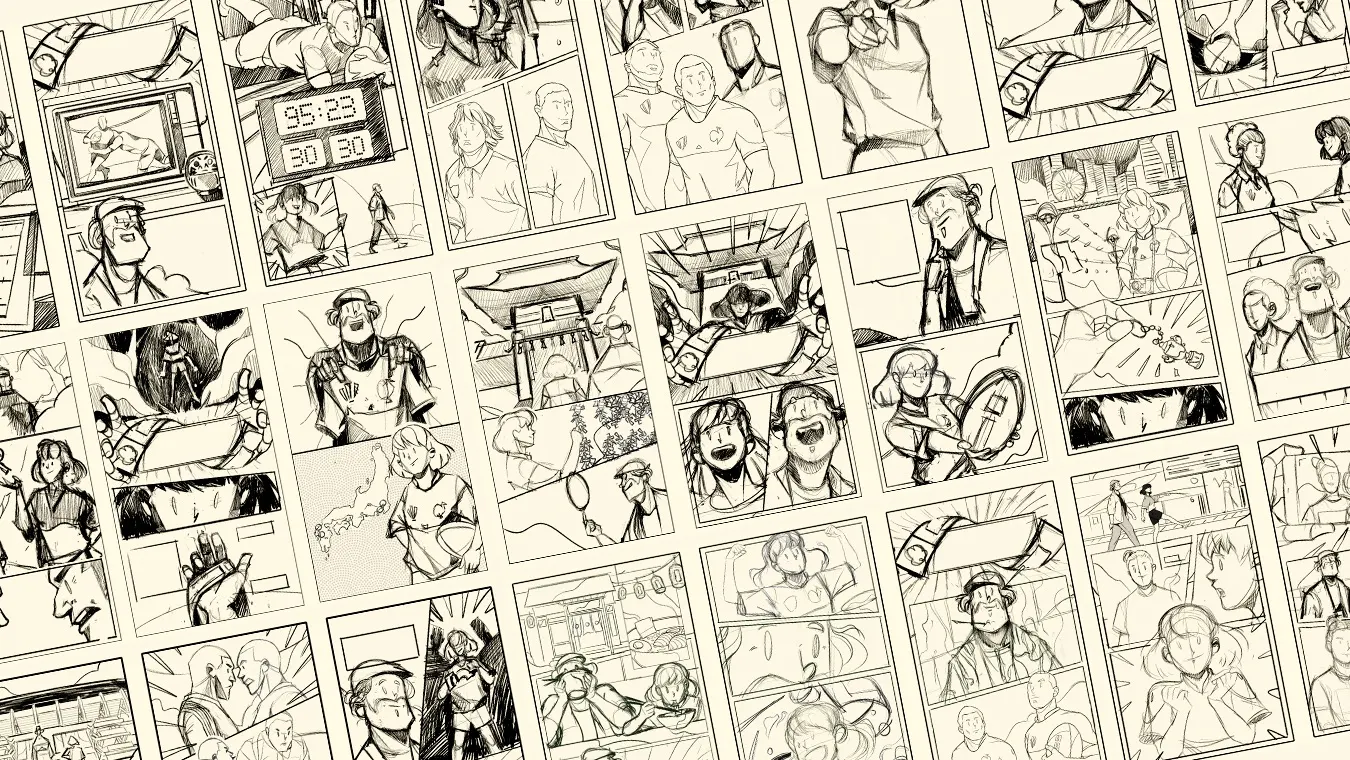 A black and white sketch of multiple comic book pages arranged diagonally, featuring various characters in action, dialogue, and emotional scenes, with empty speech bubbles and diverse settings throughout.