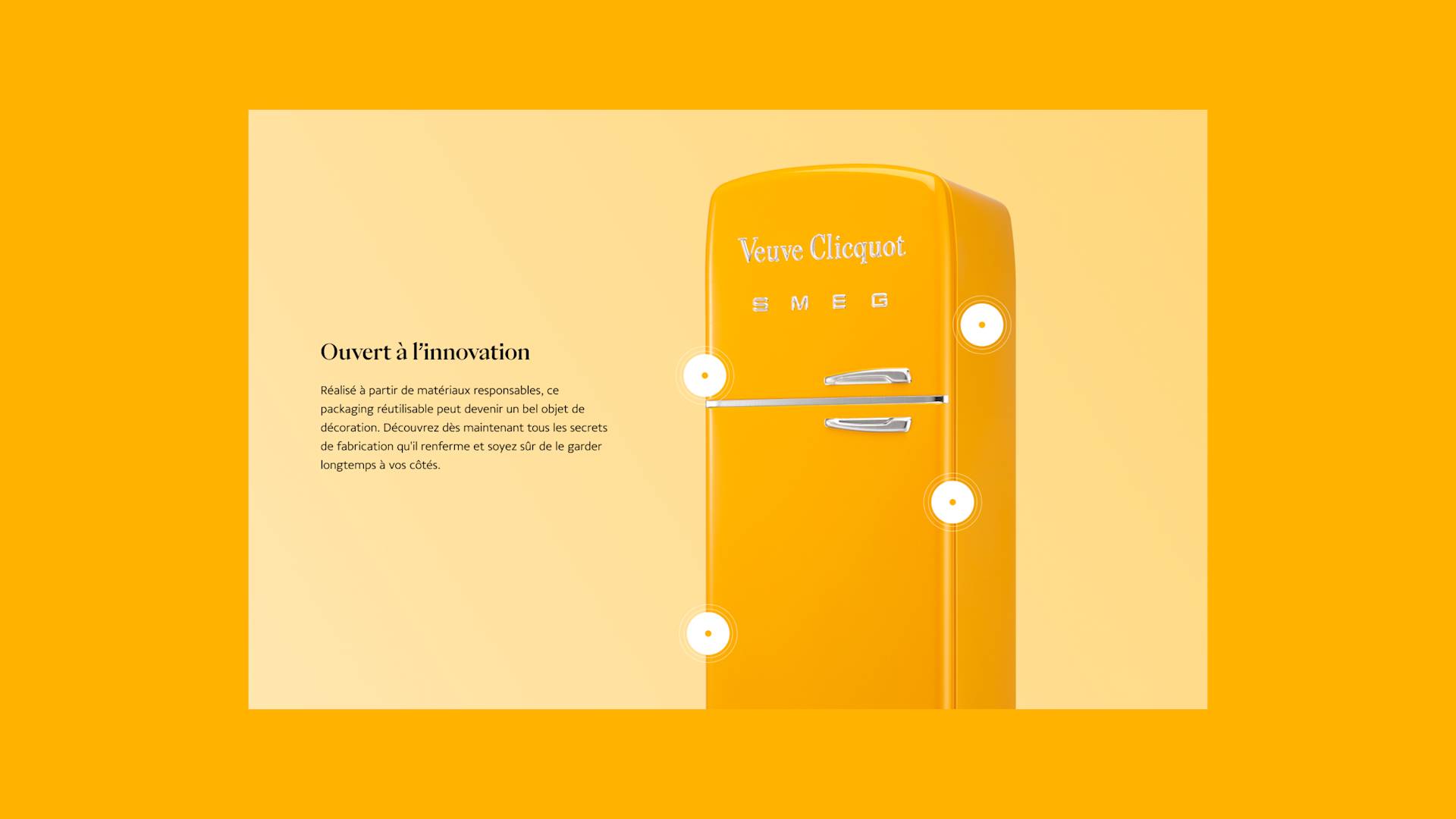 A bright yellow SMEG refrigerator with Veuve Clicquot branding stands on a yellow background. French text and white circular icons highlight features, emphasizing innovation and eco-friendly packaging.