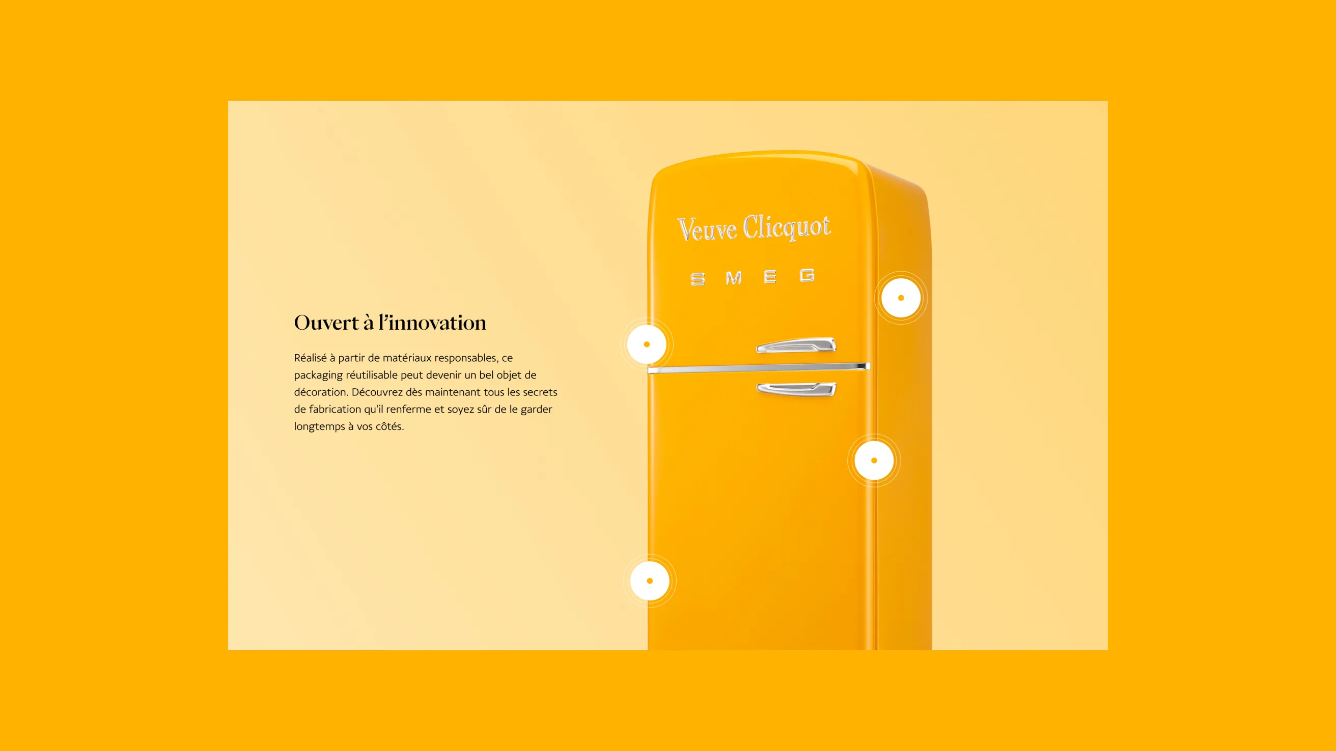 A bright yellow SMEG refrigerator with Veuve Clicquot branding stands on a yellow background. French text and white circular icons highlight features, emphasizing innovation and eco-friendly packaging.