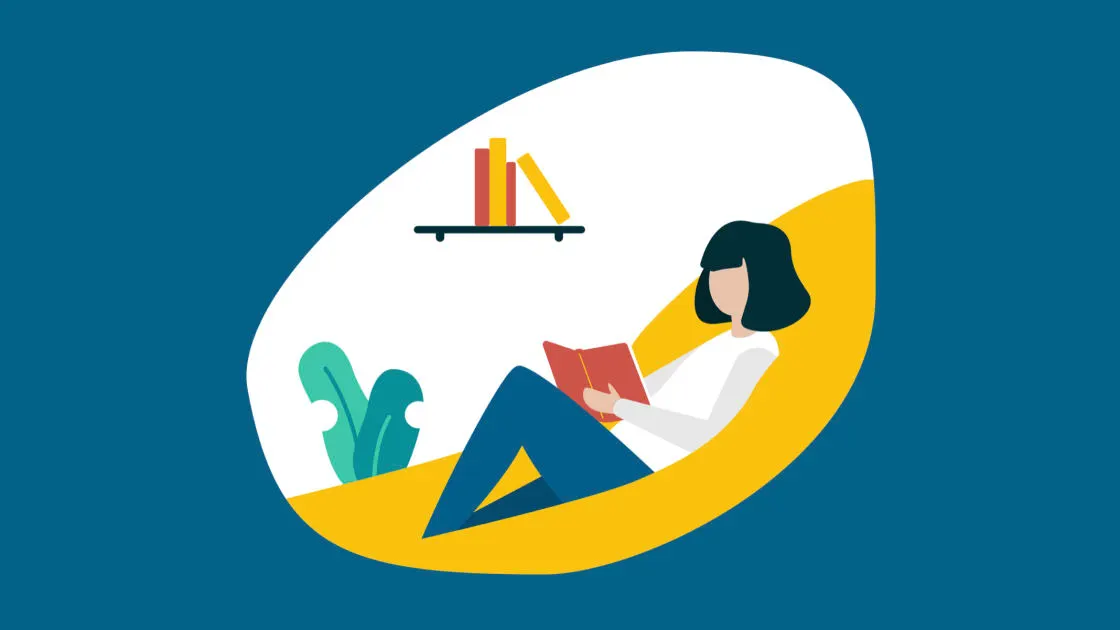 A minimalist illustration of a woman with dark hair sitting in a yellow chair, reading a red book. Behind her, there’s a small plant and a wall shelf holding three books. The background is blue and white.