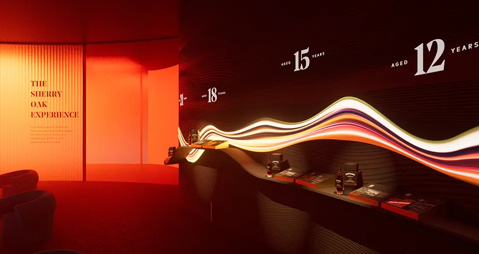A modern, dimly lit room with red and orange lighting, featuring a curved wall displaying aged whiskies (12, 15, 18 years), glowing wavy light accents, and “The Sherry Oak Experience” text on the back wall.