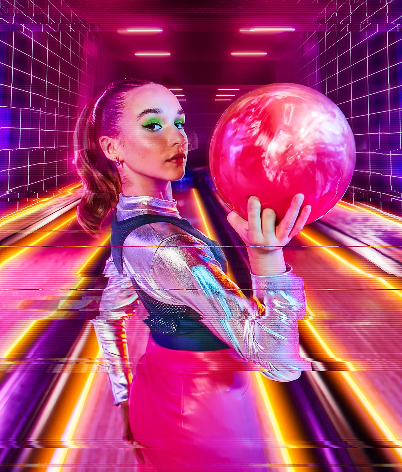 A young woman in futuristic, metallic clothing holds a pink bowling ball at a neon-lit, digital-style bowling alley with vibrant pink, purple, and yellow lights and glitch effects.