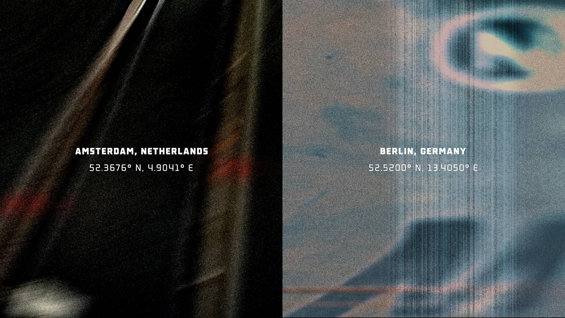 Split image with abstract, blurred textures. Left side: dark streaks with text Amsterdam, Netherlands 52.3676° N, 4.9041° E. Right: blue-gray tones with text Berlin, Germany 52.5200° N, 13.4050° E.