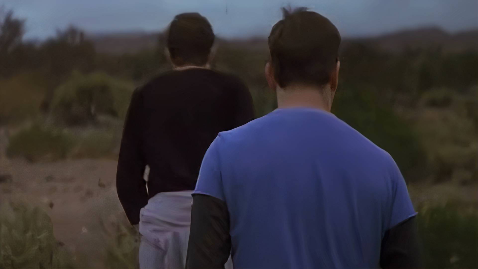 Two people walk outdoors on a dirt path surrounded by greenery; the person in front wears a dark shirt, while the person behind wears a blue shirt over a black long-sleeve. Both are seen from behind.