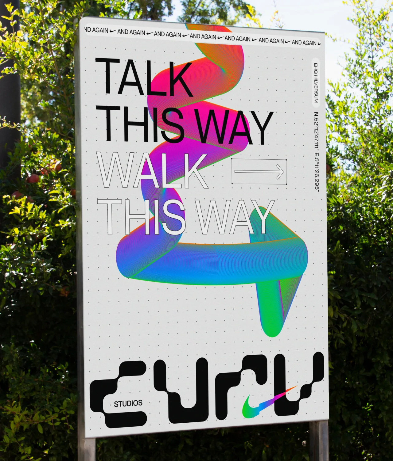 A sign with bold black text reads “TALK THIS WAY” and “WALK THIS WAY” with an arrow. A colorful, abstract swirl spans the center. The bottom features the word “CURV” and a small Nike swoosh, all against a dotted white background.