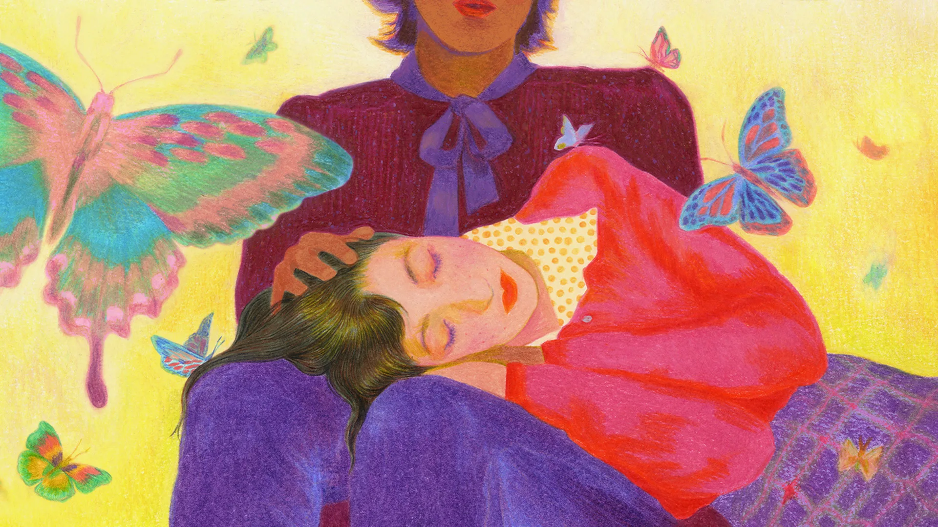 A colorful illustration of a woman peacefully resting her head on another person’s lap, surrounded by vibrant butterflies. The background is yellow, and both figures wear red and purple clothing. The scene feels warm and comforting.