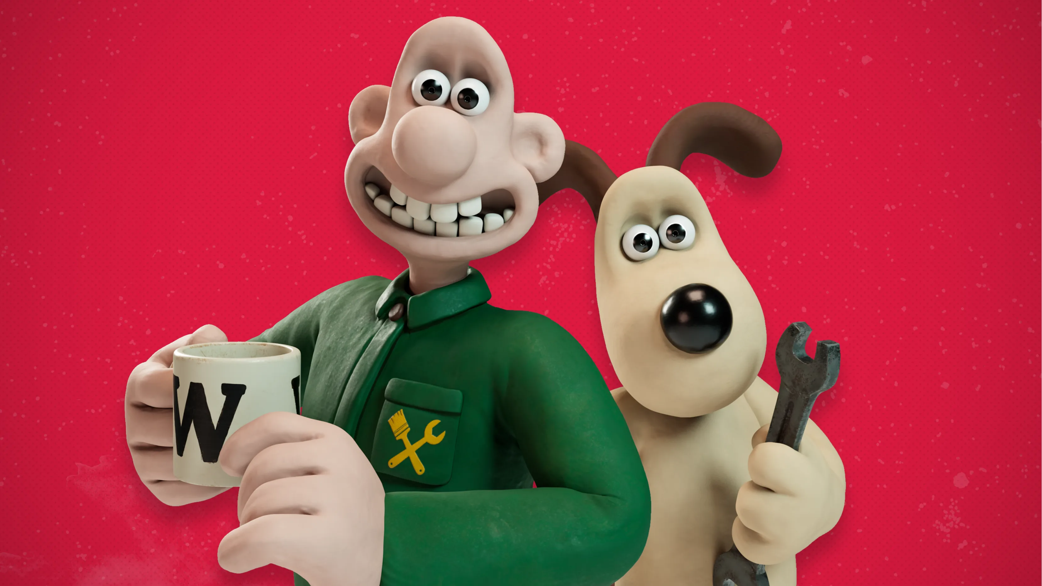 Two clay-animated characters stand together on a red background. One holds a mug with a W and wears a green shirt with tool symbols, while the other, a dog, holds a wrench and looks at the camera.