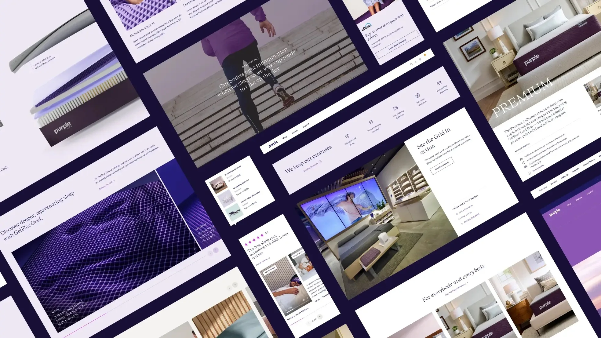 A collage of website pages arranged in a diagonal grid, displaying mattresses, bedding, product reviews, hotel rooms, and lifestyle imagery with a modern, clean design and a focus on comfort and luxury.