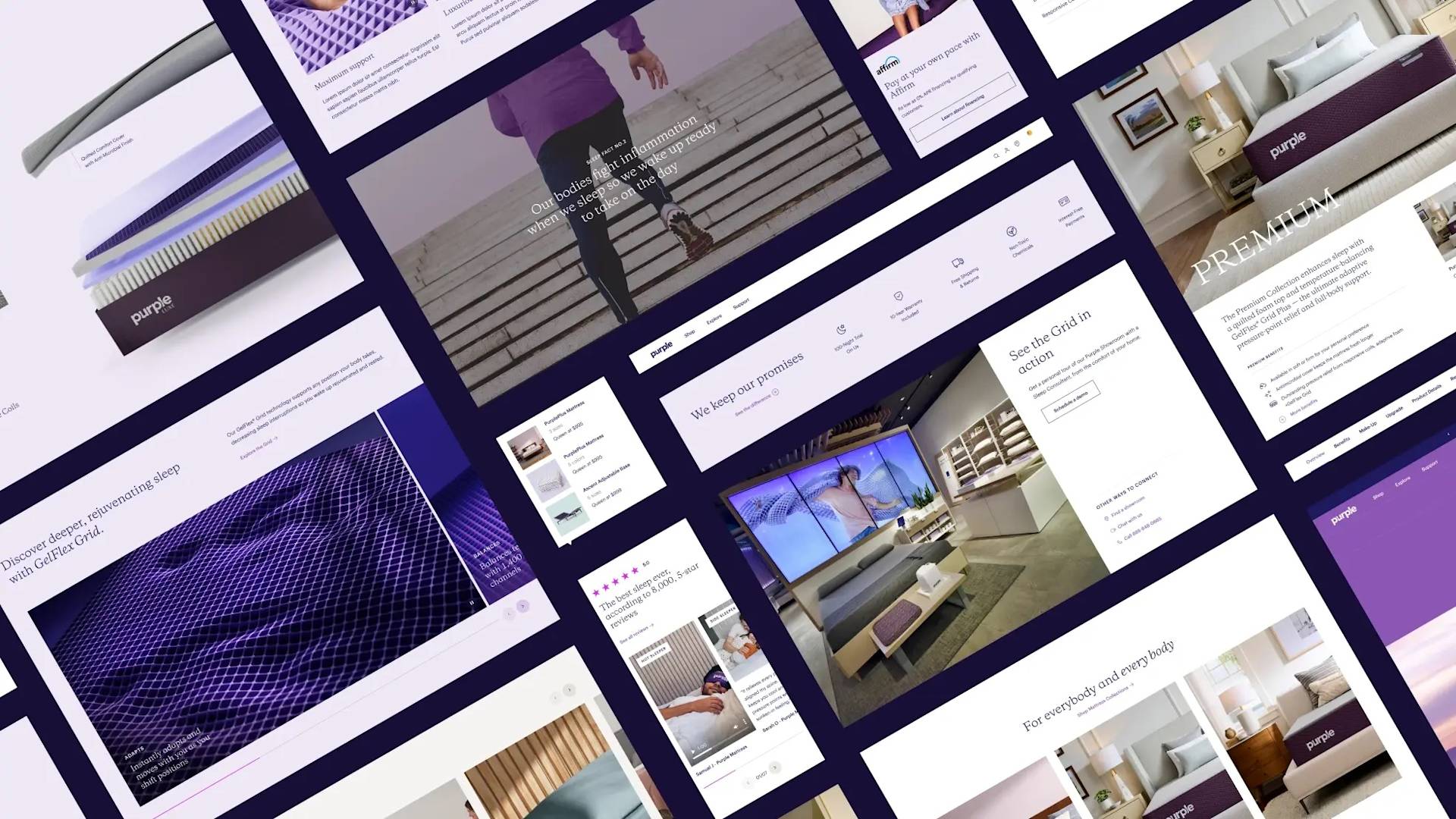 A collage of website pages arranged in a diagonal grid, displaying mattresses, bedding, product reviews, hotel rooms, and lifestyle imagery with a modern, clean design and a focus on comfort and luxury.