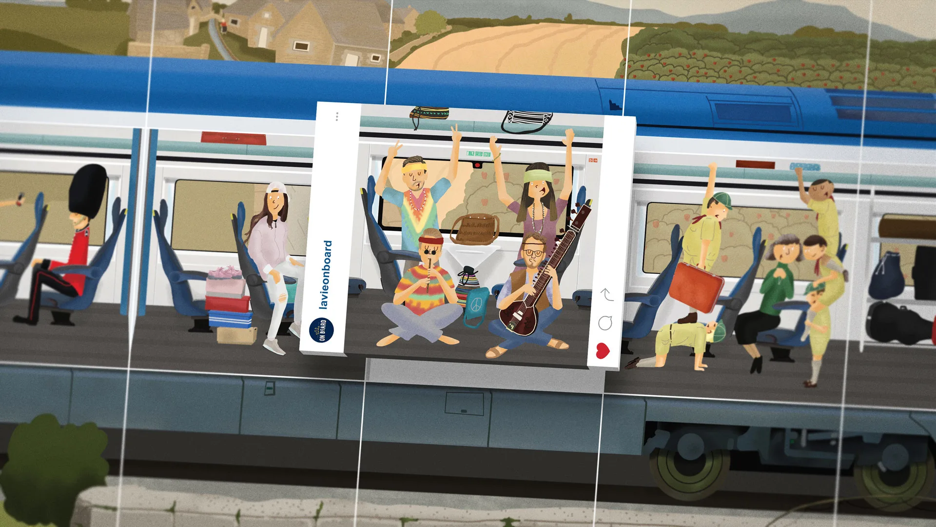 A lively group in colorful clothes play instruments and pose for a photo on a train, while other passengers look on; some appear relaxed, others surprised, with countryside scenery visible through the windows.