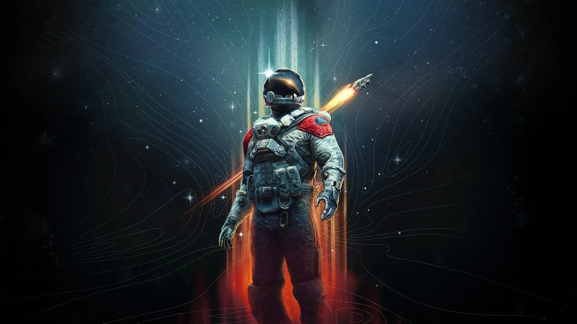A futuristic astronaut stands illuminated by a glowing, fiery light beneath them, with a small rocket launching in the background. The backdrop is a star-filled, deep space scene with swirling patterns.